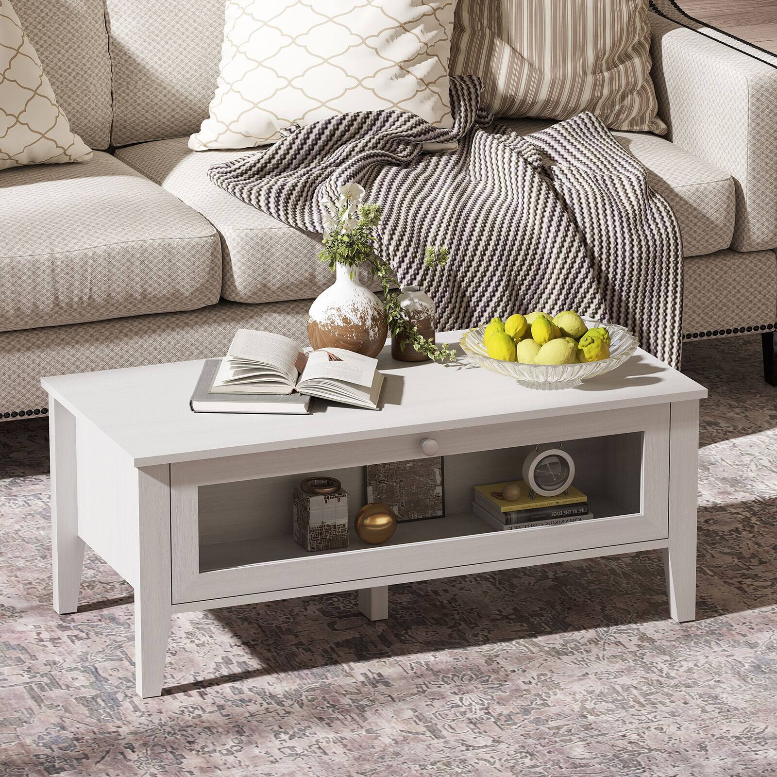 Left. Bestier - Modern Coffee Table with Open Storage Shelf, Rectangular Living Room Center Table - white.