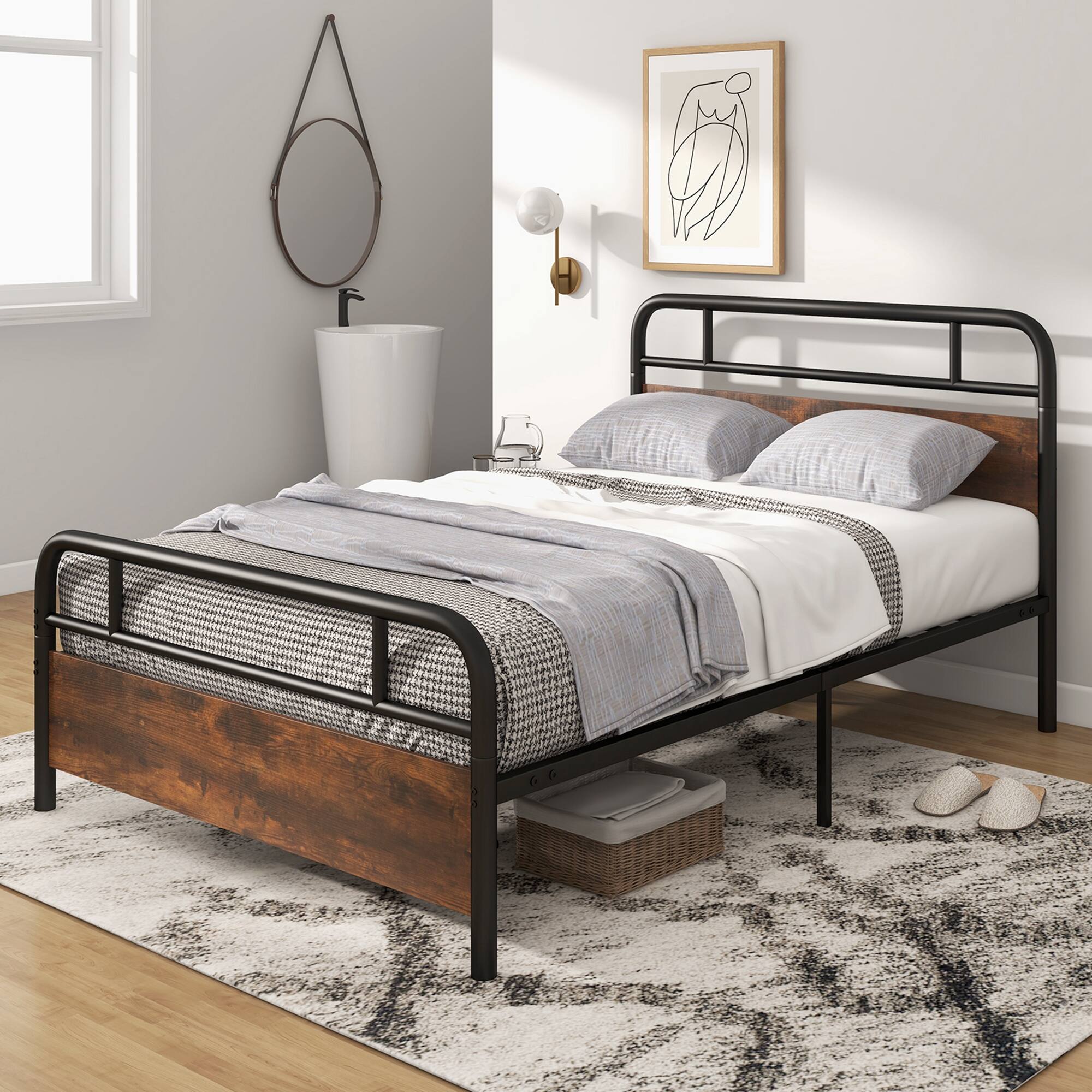 Alt View 1. Costway - Costway Full Size Metal Platform Bed Frame Industrial Headboard Mattress Foundation - Black+Brown.