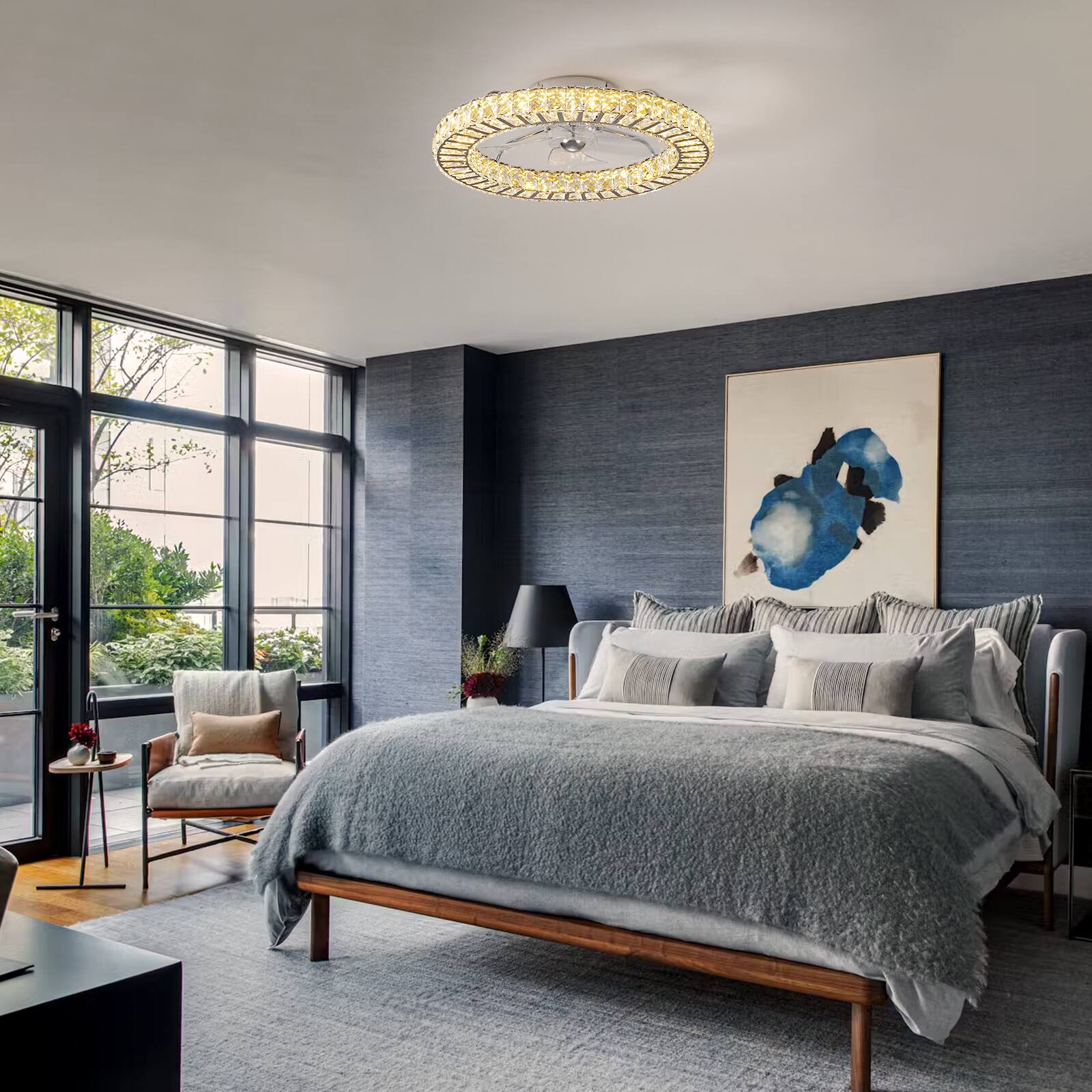 Alt View 1. Siljoy - 22 Inch Low Profile Crystal Flush Mount Ceiling Fan with Light, Nickel Finish, Dimmable LED Fan with Remote for Bedroom - Gold.