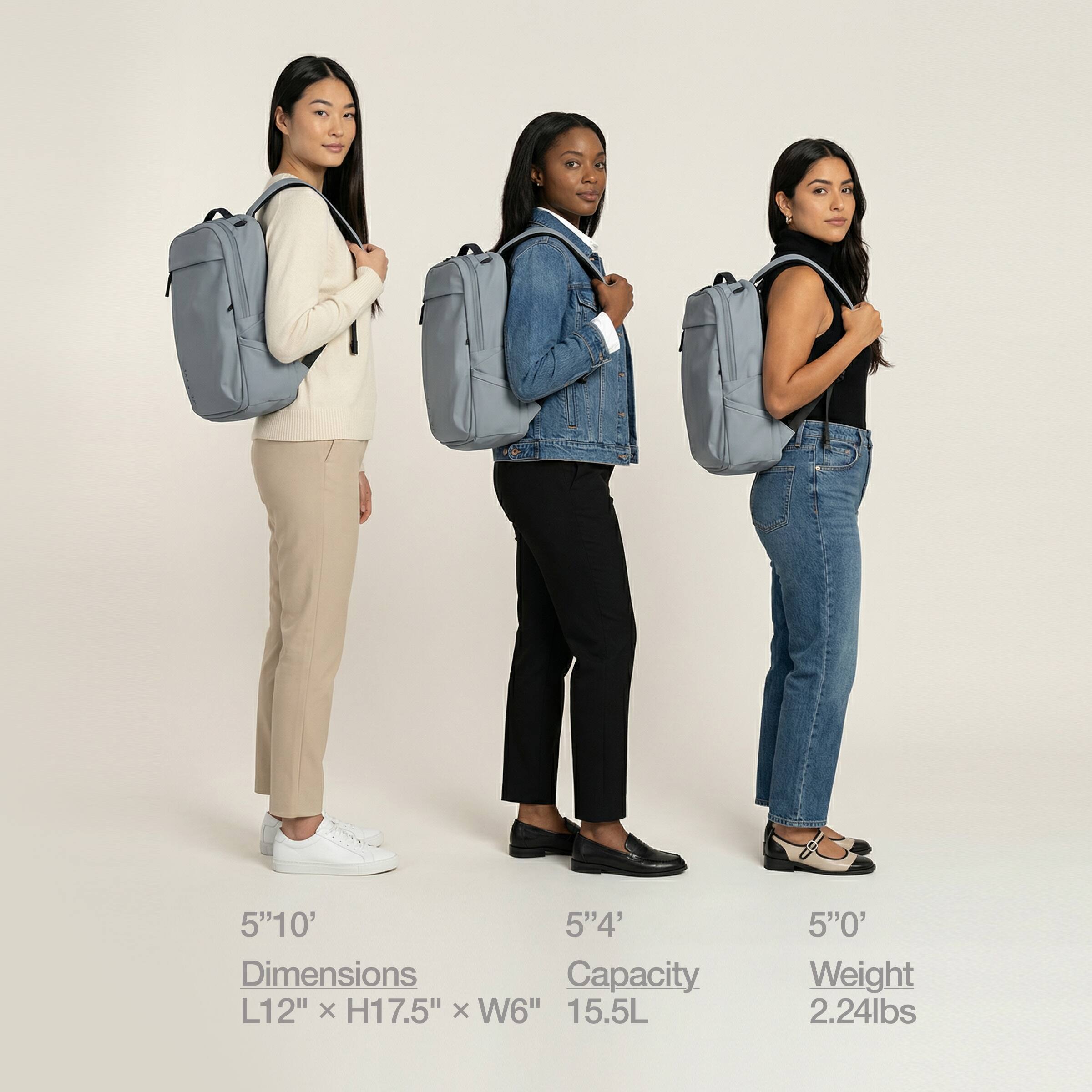 5'10"  
Dimensions: L12" x H17.5" x W6"  
Capacity: 15.5L  
Weight: 2.24lbs