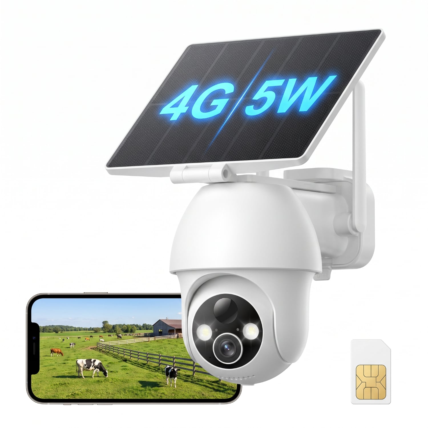 Front. COQOOL - 4G LTE Solar Security Camera Wireless Outdoor, No WiFi, 2K HD, 355° PTZ, PIR Motion Detection,Night Vision, Built-in SIM - White.