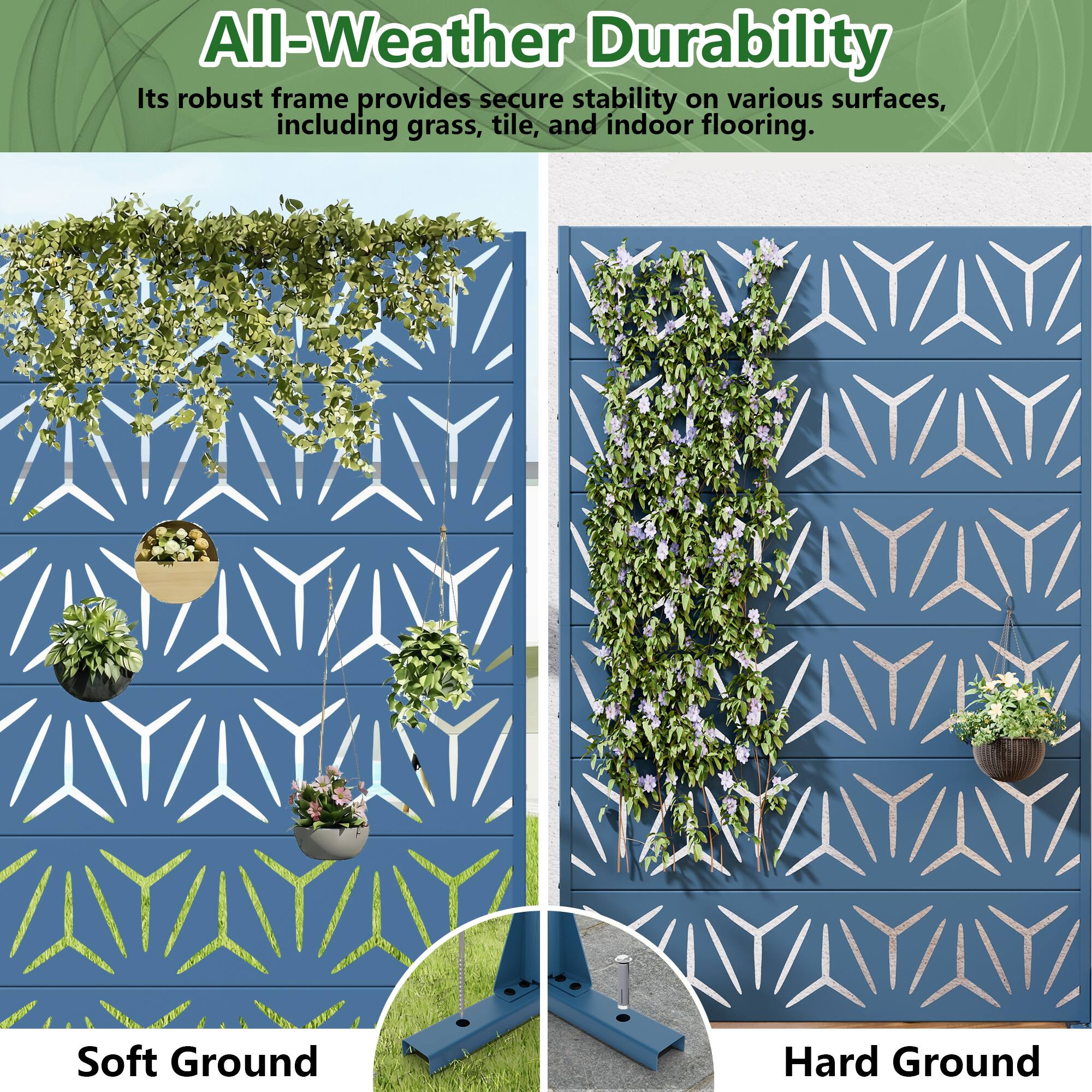 All-Weather Durability  
Its robust frame provides secure stability on various surfaces, including grass, tile, and indoor flooring.  

Soft Ground  
Hard Ground