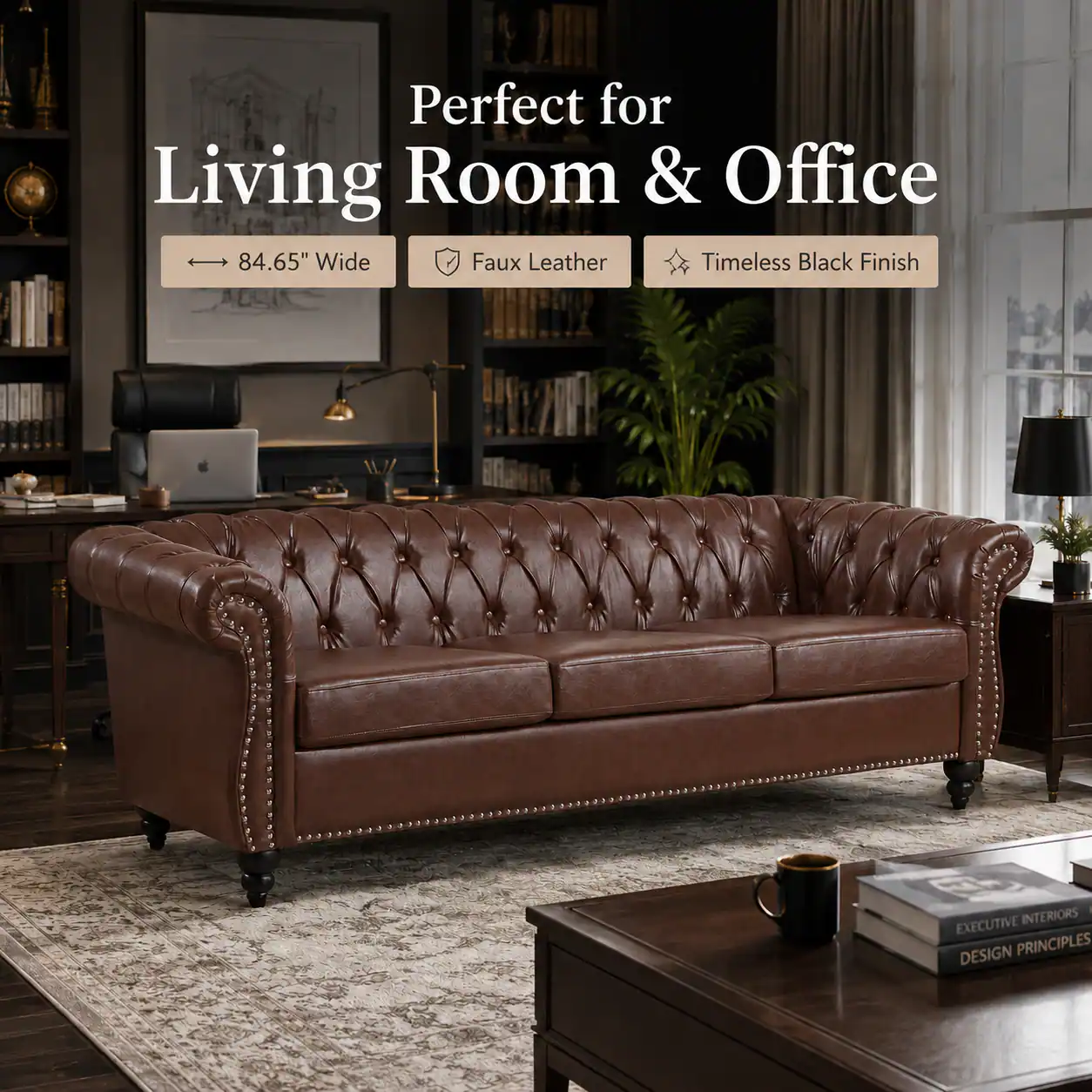 Perfect for Living Room & Office  
84.65" Wide Faux Leather Timeless Black Finish - EXECUTIVE INTERIORS DESIGN PRINCIPLES