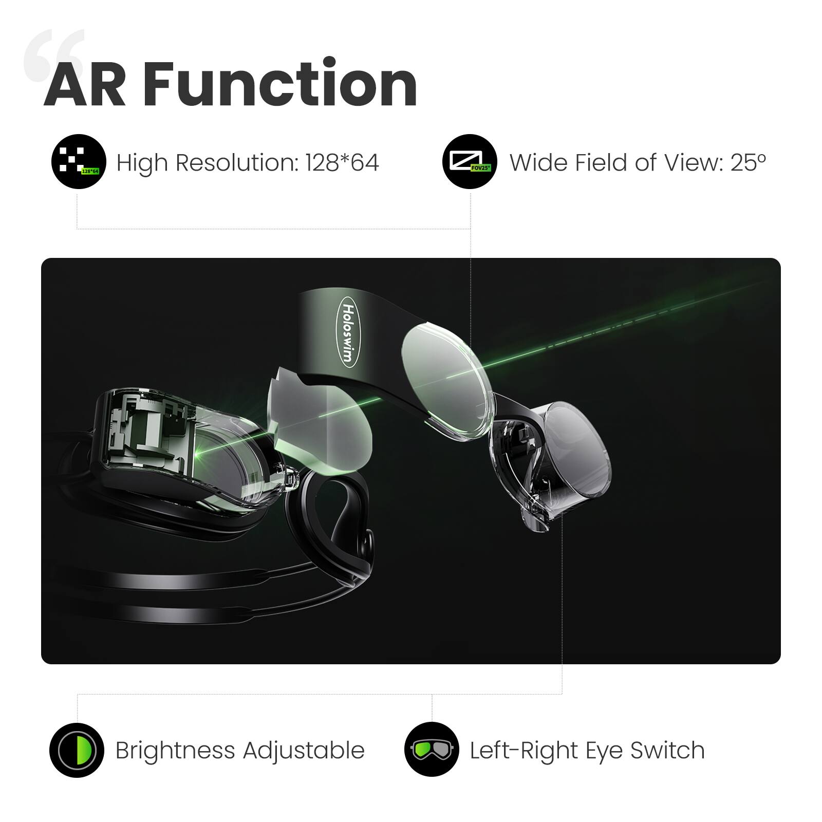 AR Function  
High Resolution: 128*64  
Wide Field of View: 25°  
Brightness Adjustable  
Left-Right Eye Switch