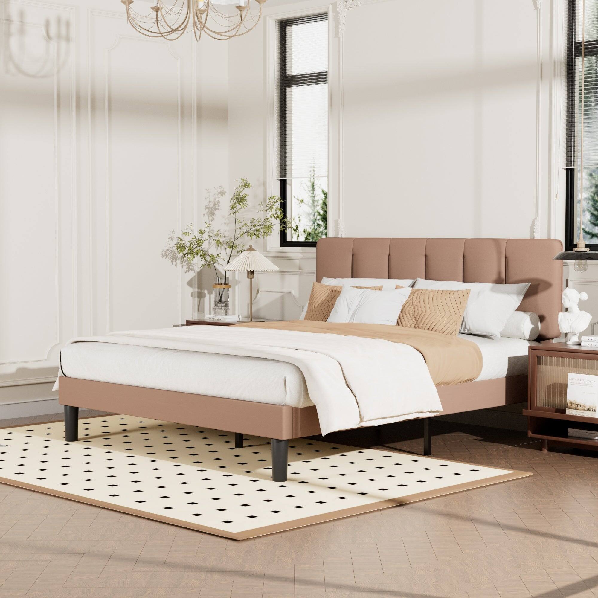 Alt View 1. Vecelo - Queen Upholstered Bed with Adjustable Headboard & 7.9" Underbed Storage - Quiet Slat Metal Platform Bed,Fabric Frame - Coffee.