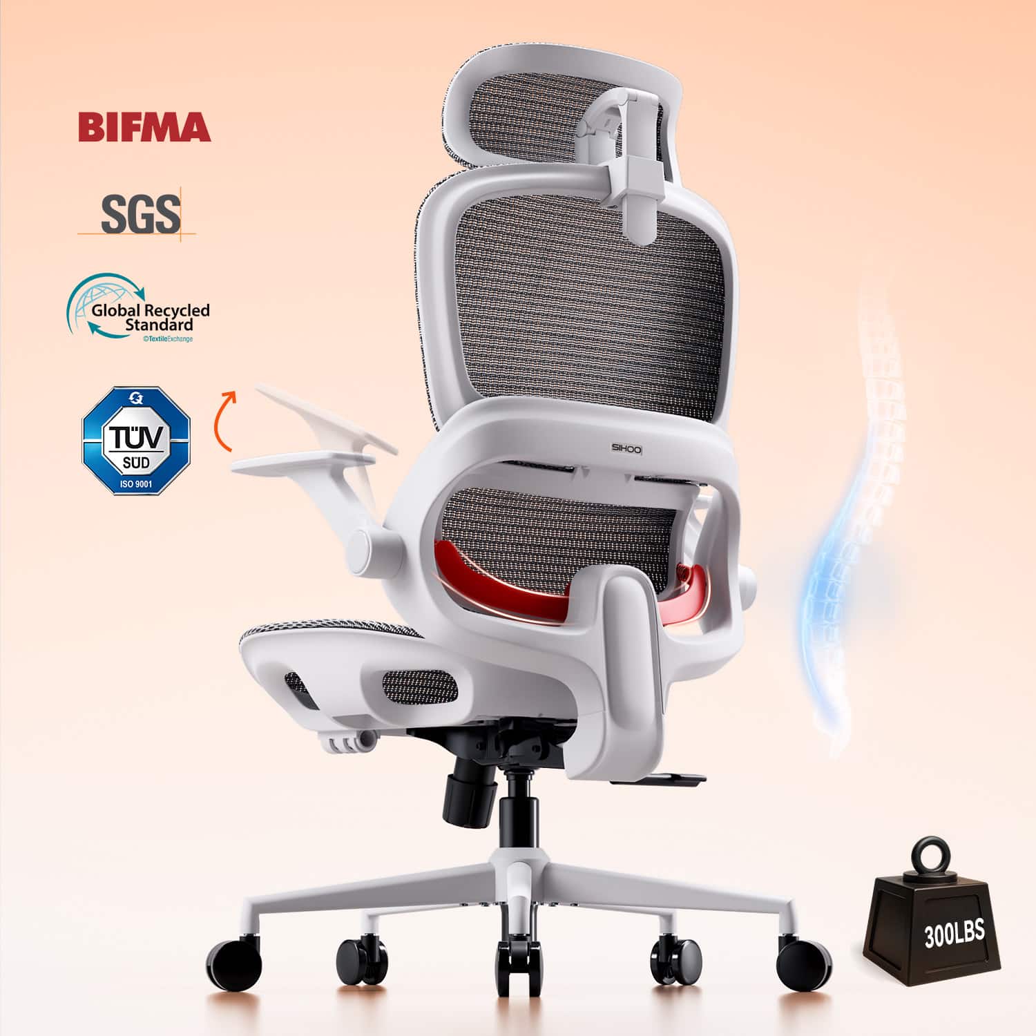 SIHOO - B100 Ergonomic Office Chair, Desk Chair with Zoned Back Support, 2D Wide Headrest, High Back Executive Chair - White