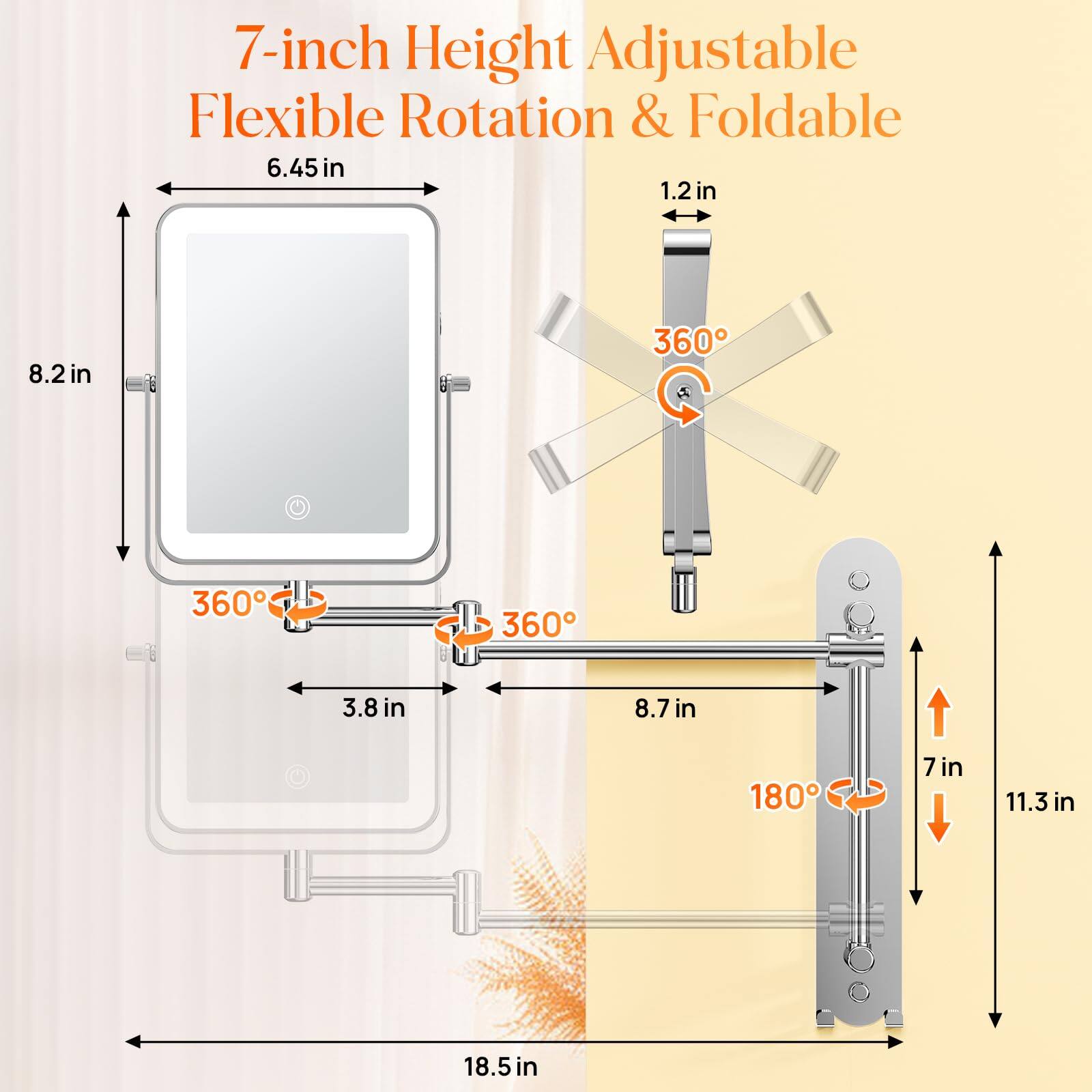 7-inch Height Adjustable Flexible Rotation & Foldable

- 6.45 in
- 8.2 in
- 1.2 in
- 3.8 in
- 8.7 in
- 18.5 in
- 7 in
- 11.3 in
- 360°
- 180°