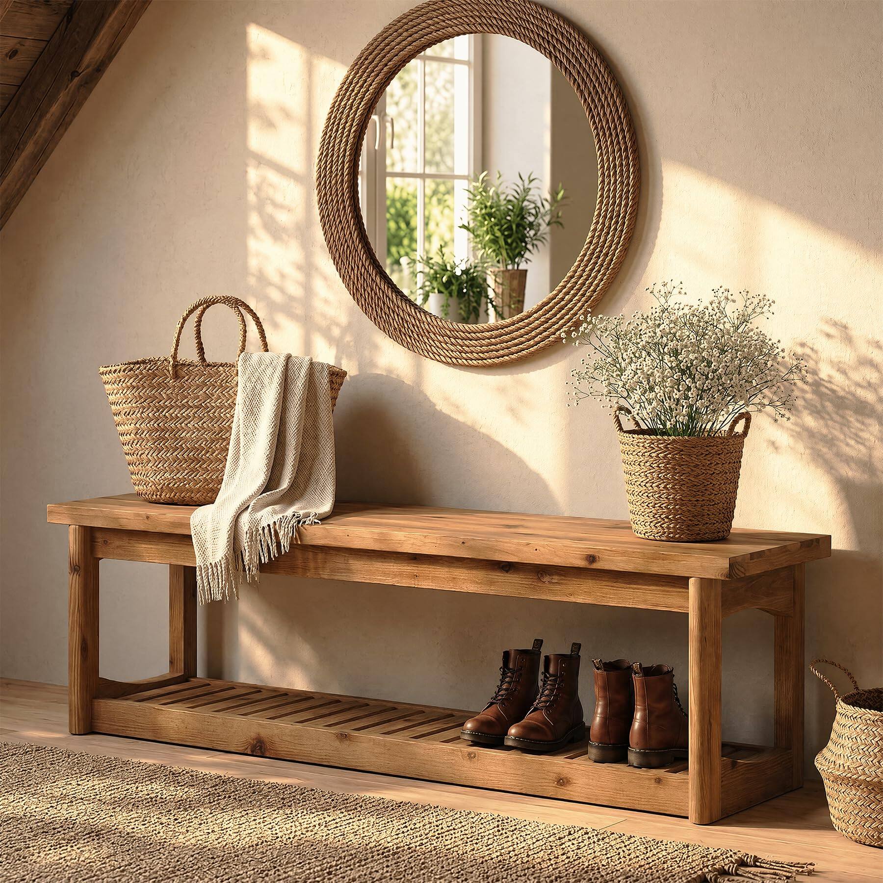Left. Tribesigns - 63" Wooden Entryway Bench with Storage Shelves, 2-Tier Shoe Bench - Brown.
