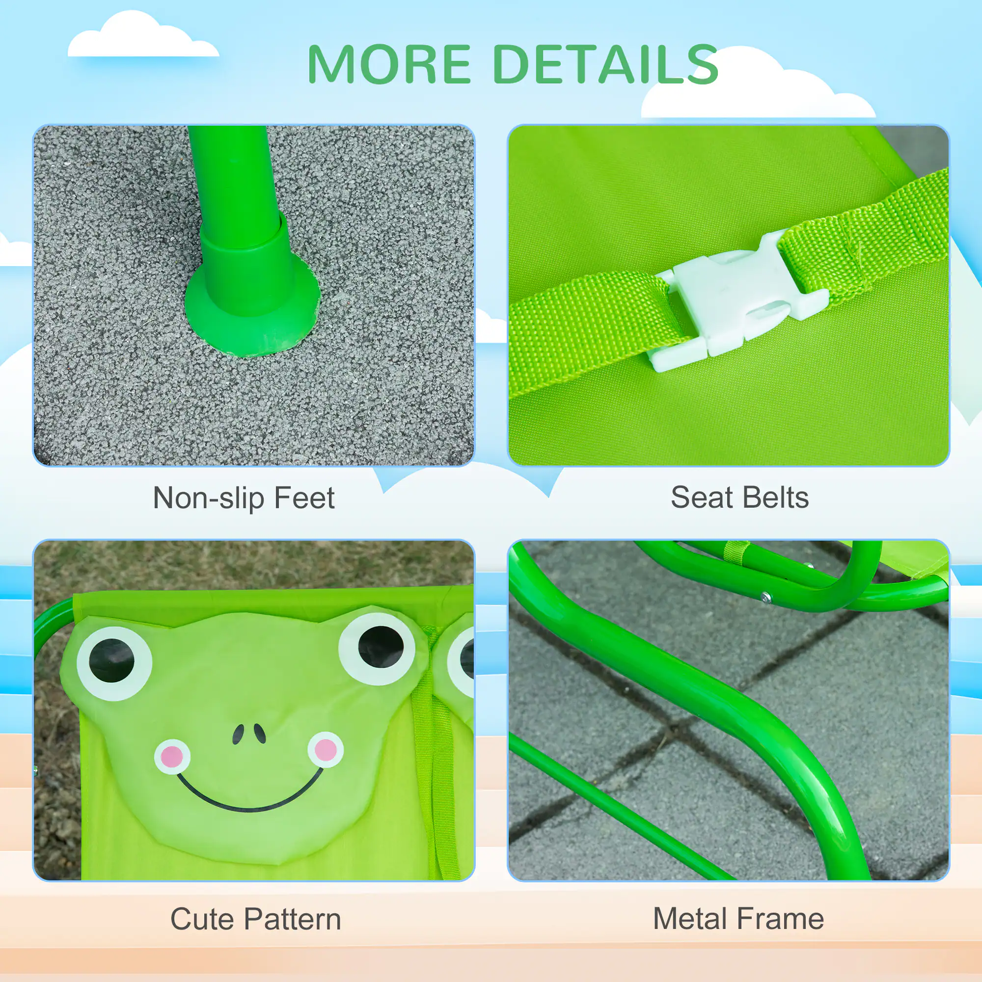 MORE DETAILS

- Non-slip Feet
- Seat Belts
- Cute Pattern
- Metal Frame