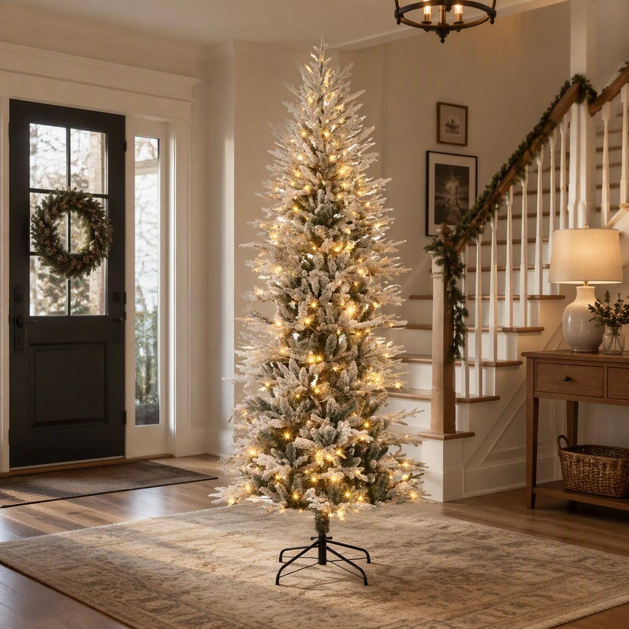 Alt View 1. RYHNUYNE - Pre-Lit Artificial Flocked Christmas Tree, Snow Branches Warm Yellow Lights Auto-Open Design Dense Realistic Foliage - Green.