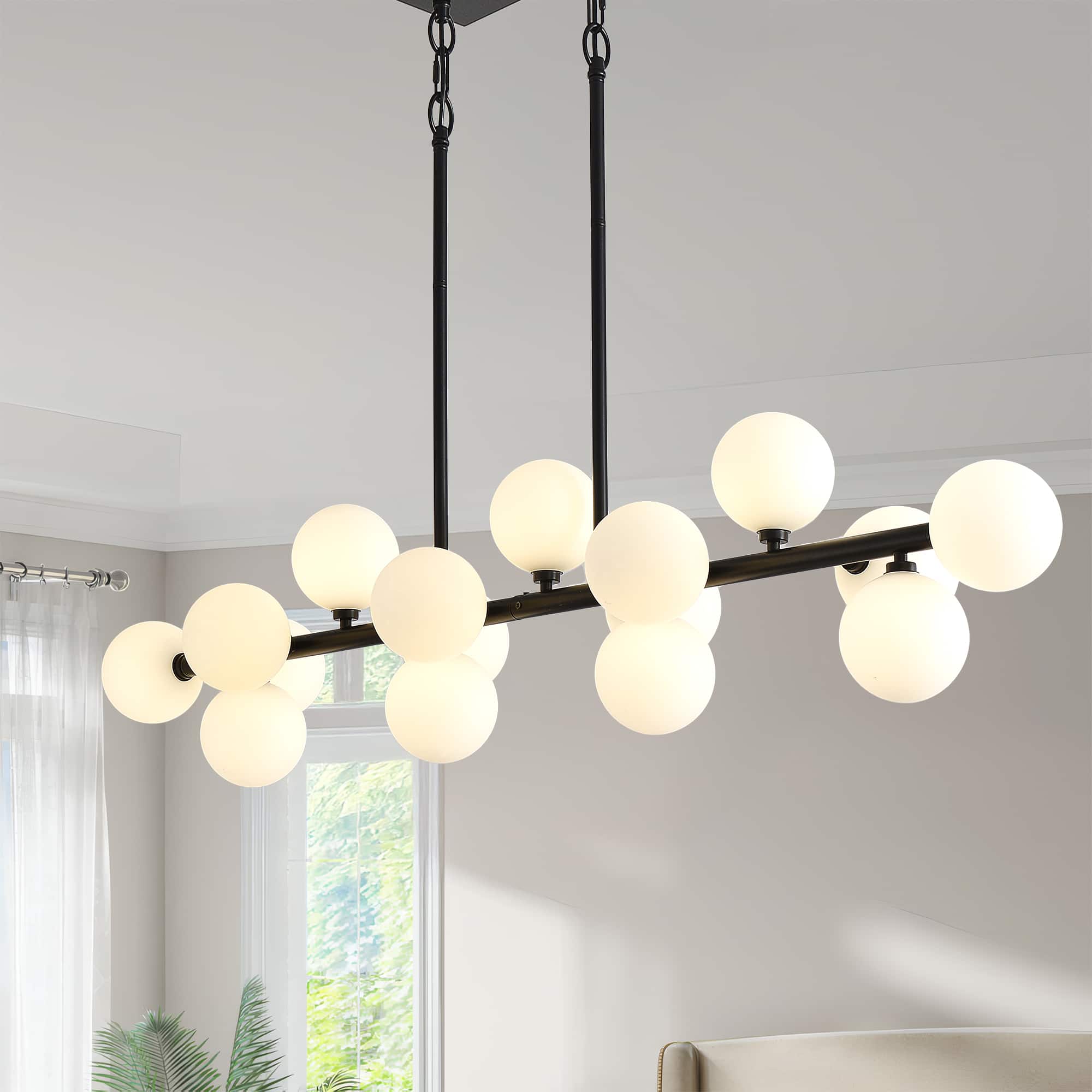 RYHNUYNE - 55 Inch Modern Sputnik Chandelier 16-Light Linear Pendant, Cream Glass Shades Adjustable Kitchen Island Lighting