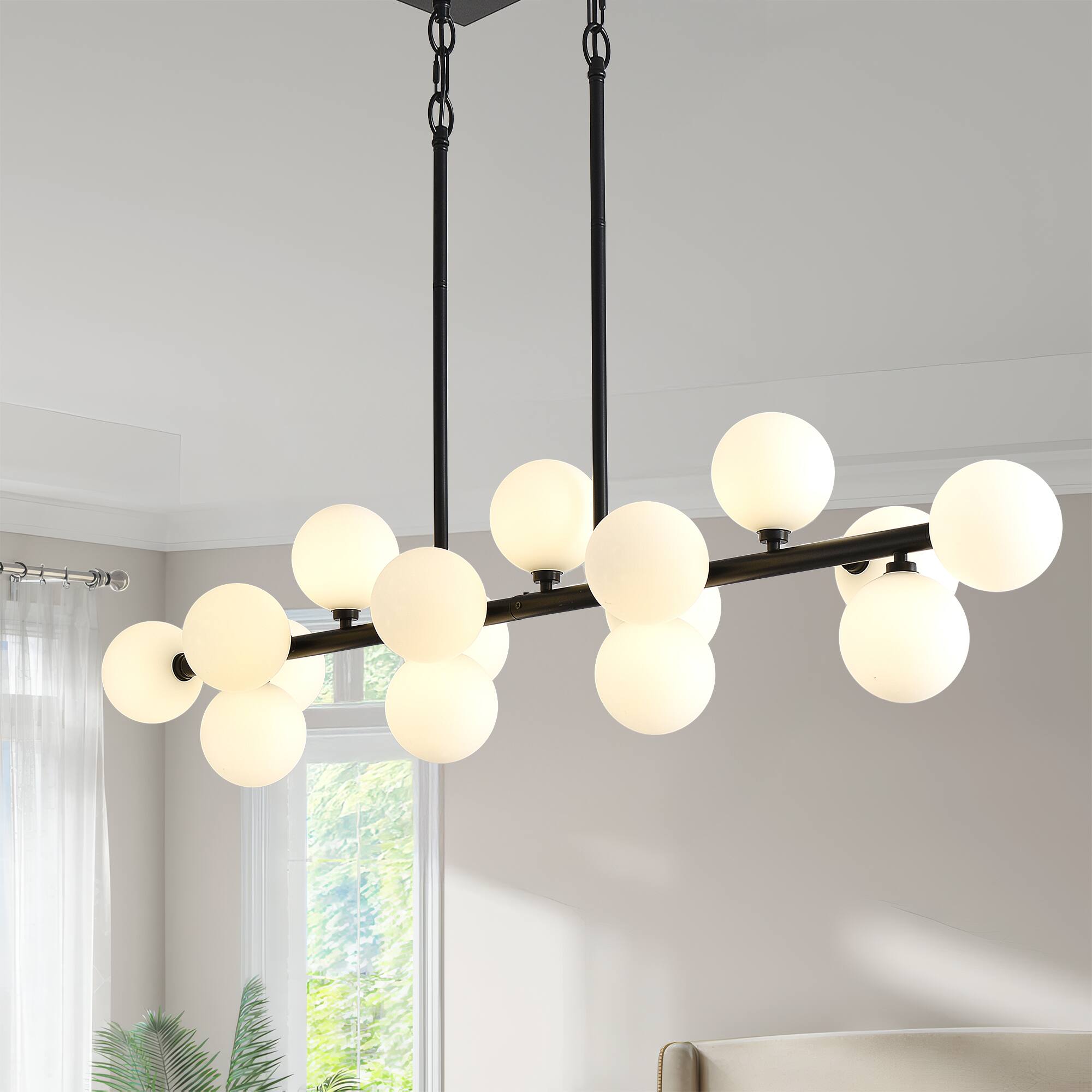 Front. RYHNUYNE - 55 Inch Modern Sputnik Chandelier 16-Light Linear Pendant, Cream Glass Shades Adjustable Kitchen Island Lighting.