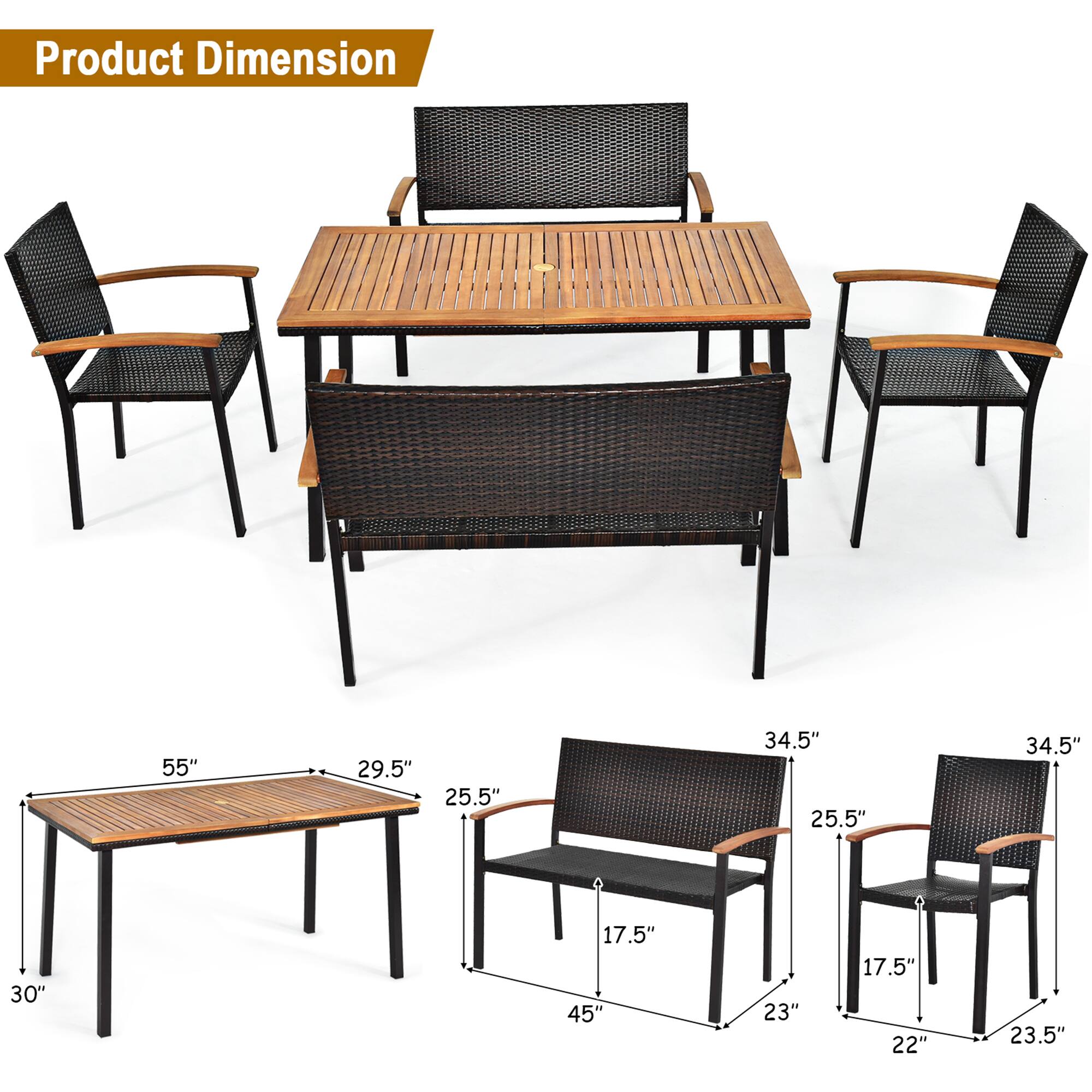 Product Dimension

Table:
- Length: 55"
- Width: 29.5"
- Height: 30"

Chair:
- Seat Height: 17.5"
- Back Height: 34.5"
- Width: 25.5"
- Depth: 23" (one chair) / 23.5" (another chair)
- Armrest Height: 25.5"