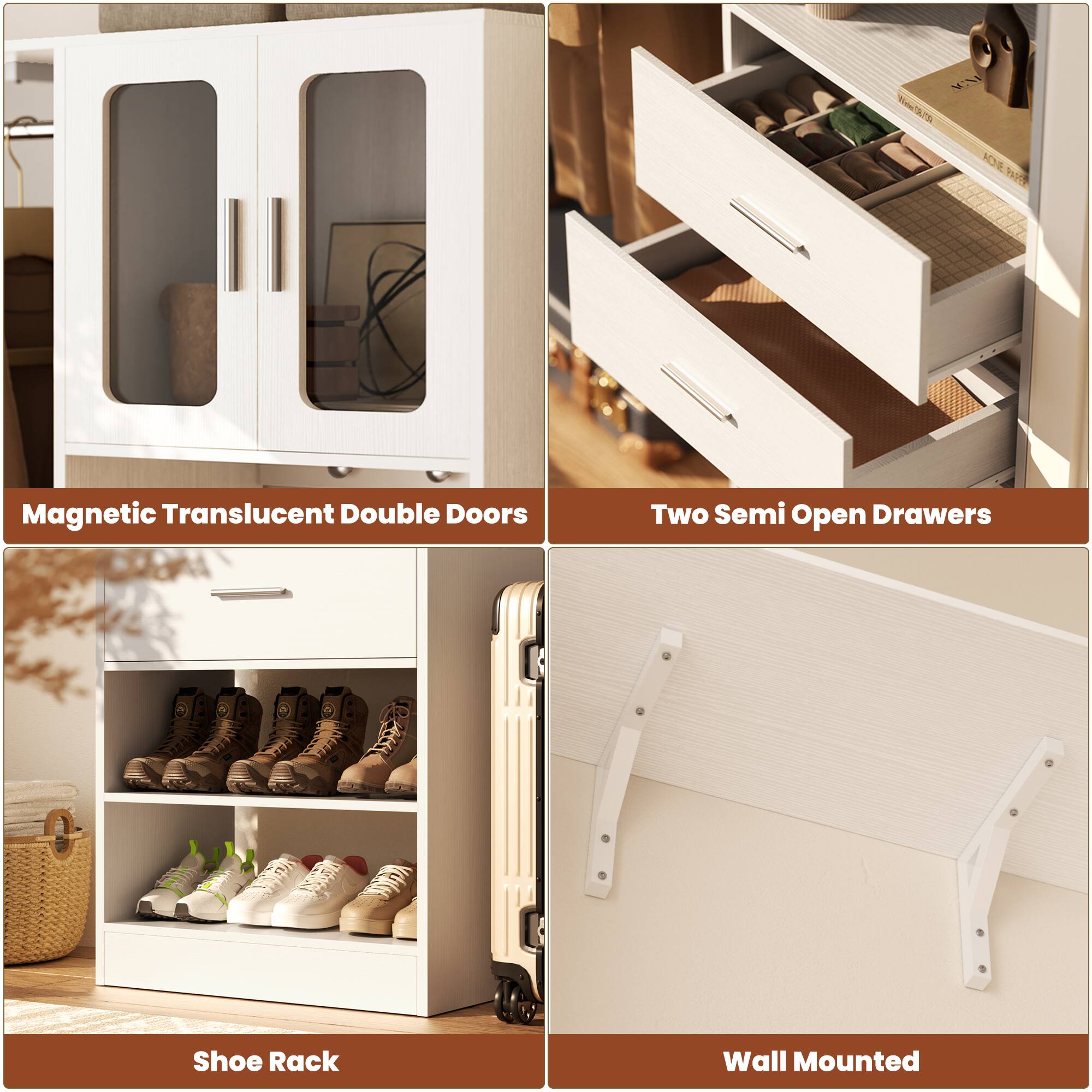 SW 106 Magnetic Translucent Double Doors Two Semi Open Drawers Shoe Rack Wall Mounted