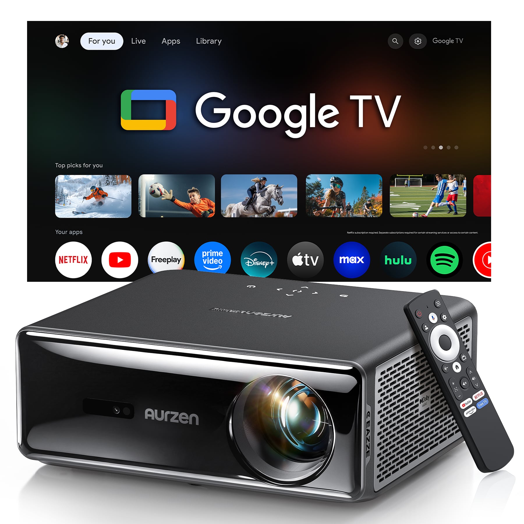Aurzen - Google TV Smart Projector, 4K Supported Home Theater, 1000 ANSI Lumens, 20W Dolby Audio, MEMC Tech, Fully Automatic - Black