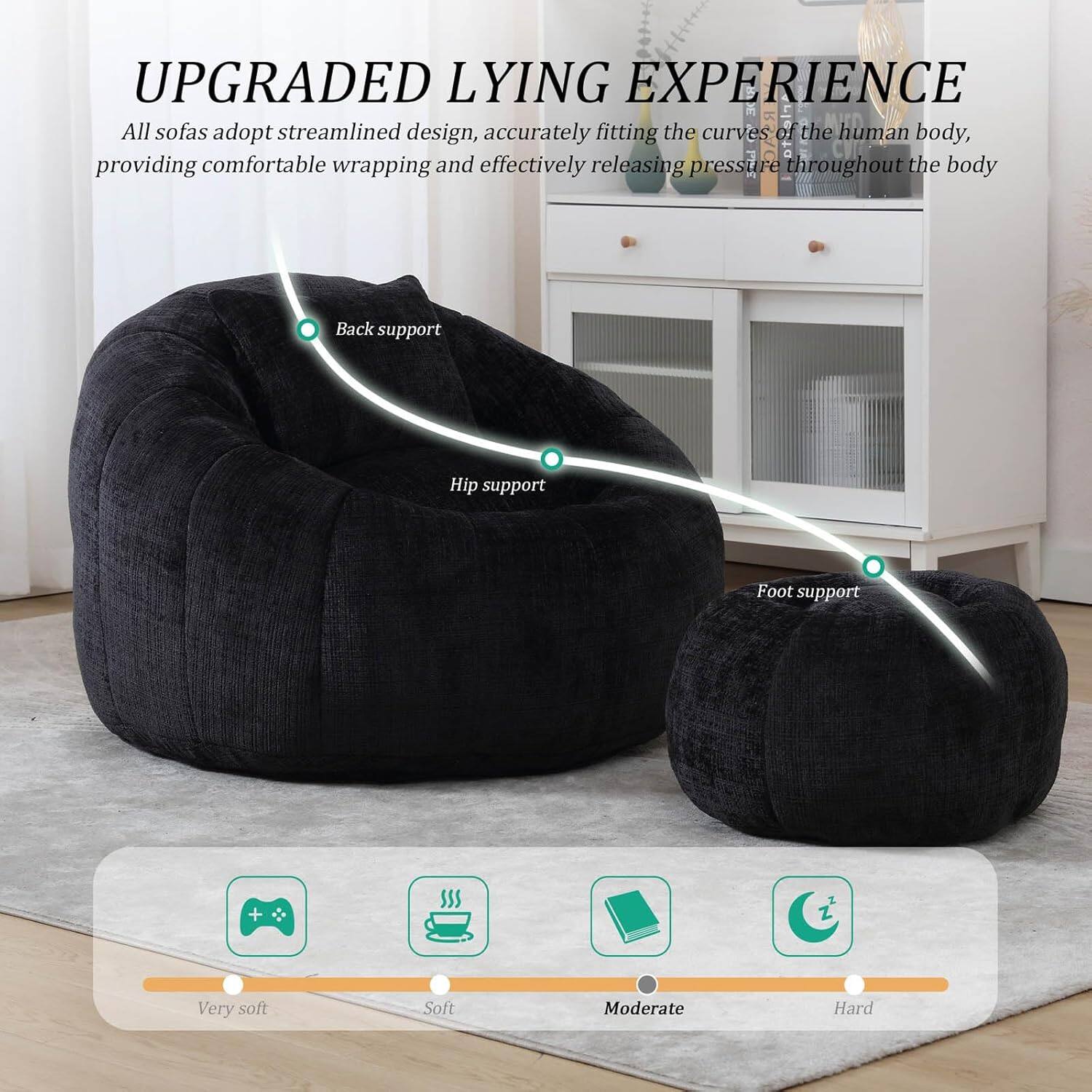 UPGRADED LYING EXPERIENCE

All sofas adopt streamlined design, accurately fitting the curves of the human body, providing comfortable wrapping and effectively releasing pressure throughout the body.

- Back support
- Hip support
- Foot support

Very soft | Soft | Moderate | Hard