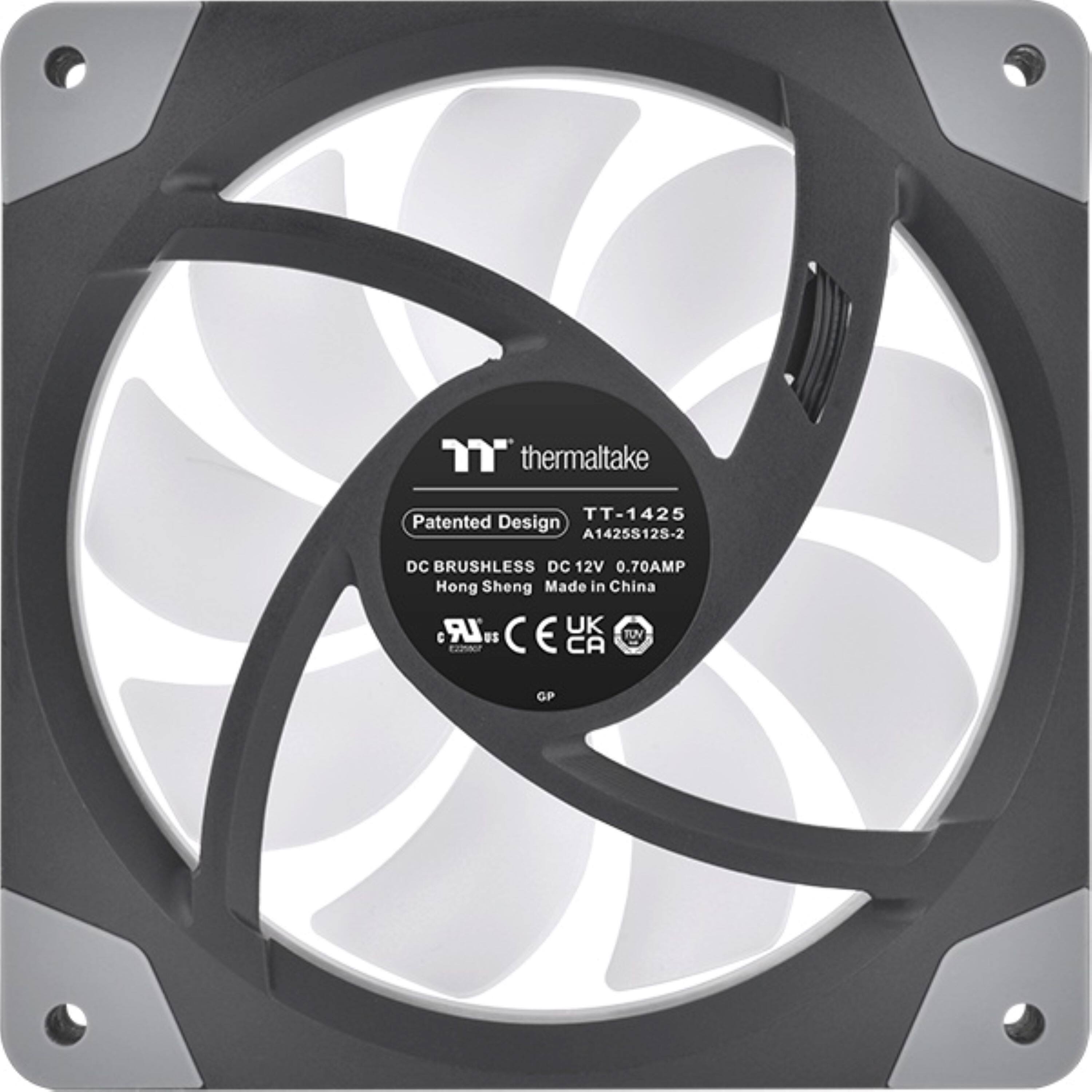 The text on the image reads: "thermaltake TT-1425 Patented Design A1425S125-2 DC BRUSHLESS DC 12V 0.70AMP Hong Sheng Made in China LR UK TOV ntgtor US C E CA GP".