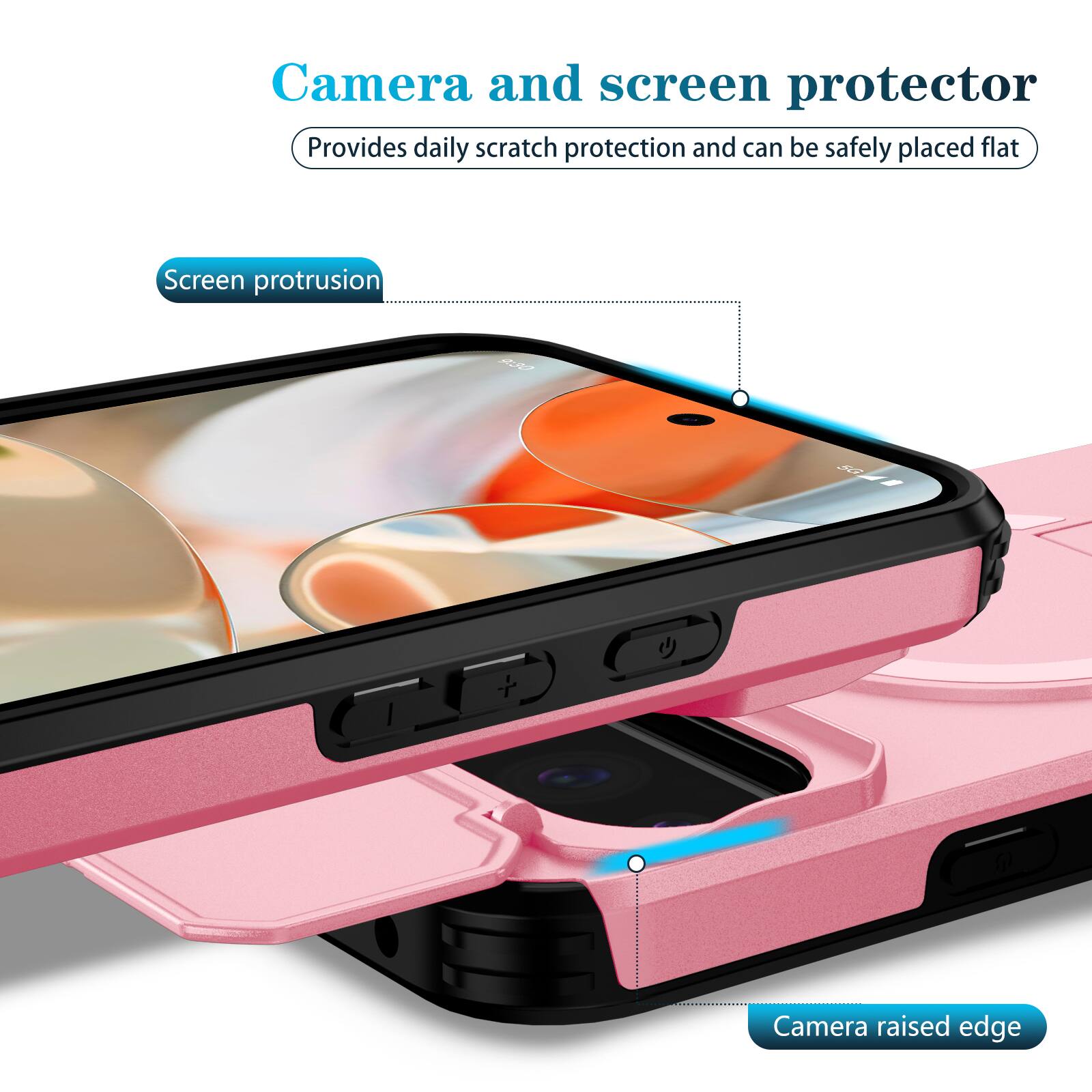 Camera and screen protector  
Provides daily scratch protection and can be safely placed flat  

Screen protrusion  
Camera raised edge