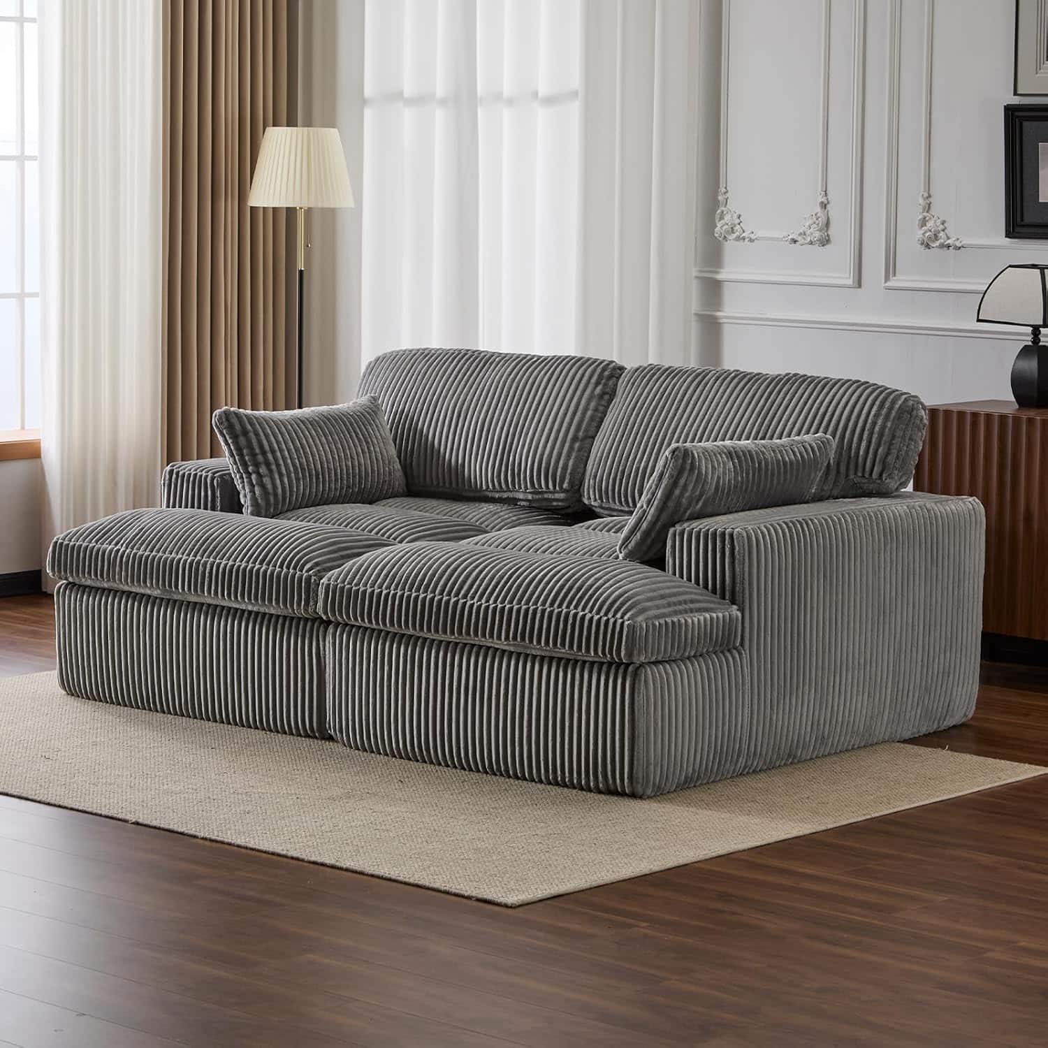 Trinkets Crazed - Modular Loveseat Double Chaise Lounge Sofa Corduroy Sectional Sofa Boneless Couch - Gray