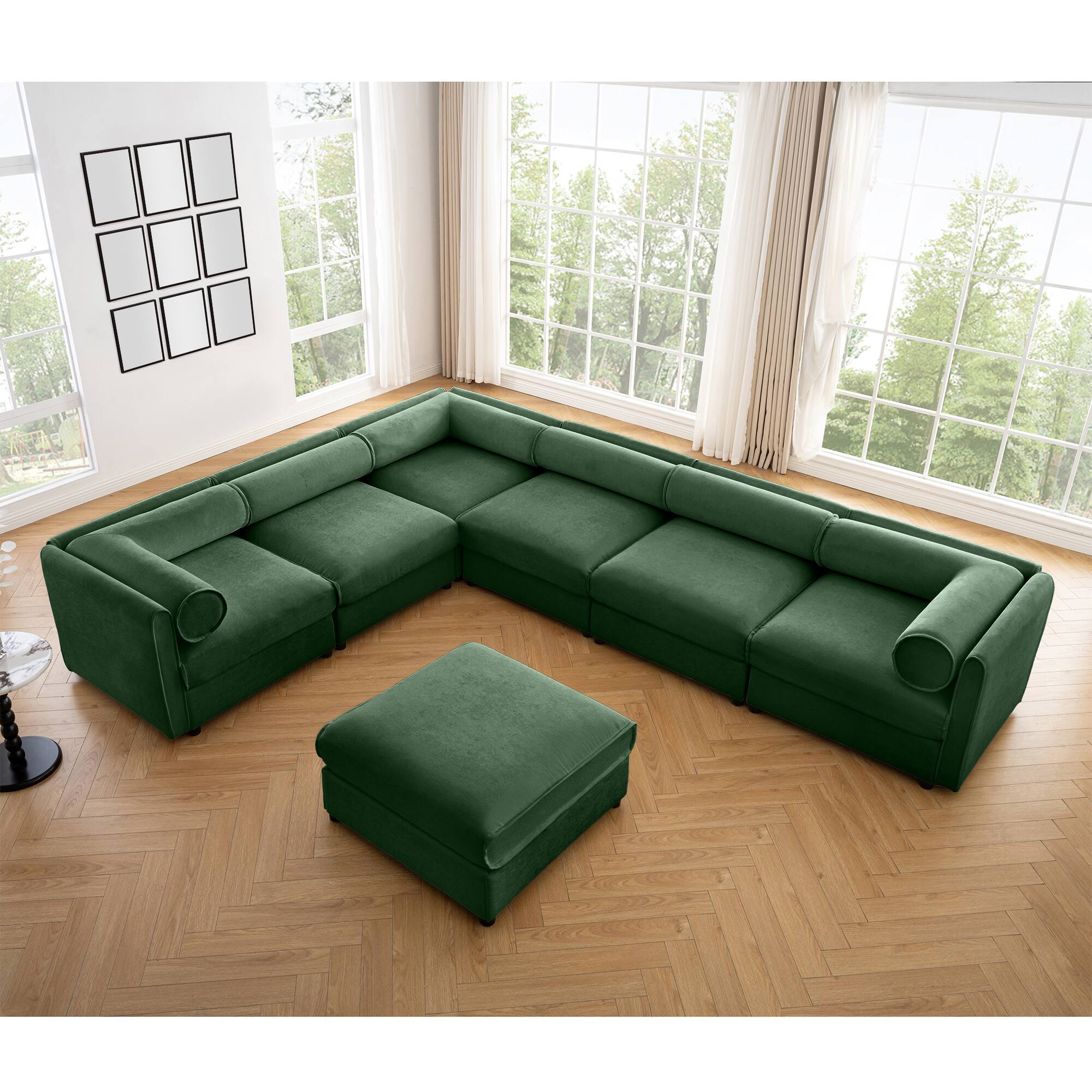Left. LOVMOR - Modular Storage Ottoman Cylindrical Support Chenille Sectional Couch For Living Room Plush Cozy Lounge Home TV - Green.