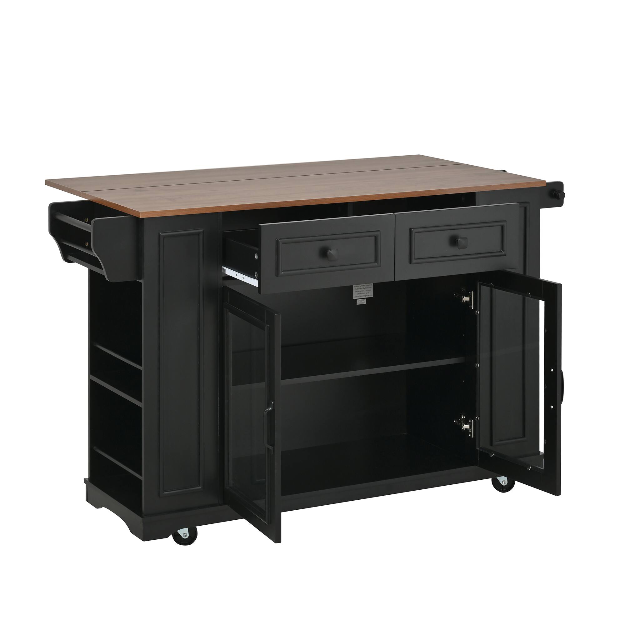 Angle. Whisen - Mobile Kitchen Island with Glass Door Cabinets, Power Outlet, and Storage Shelves - Black.