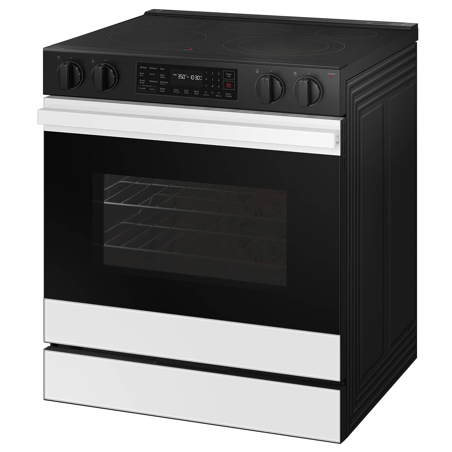 The oven is black and white, with a digital display showing the time and temperature. The temperature is set at 350 degrees Fahrenheit, and the time is 10:30.