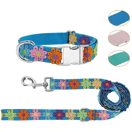 Front. MOSZAR LLC - Blue Lace Dog Collar & Leash Set, Adjustable Floral Embroidery - Blue.