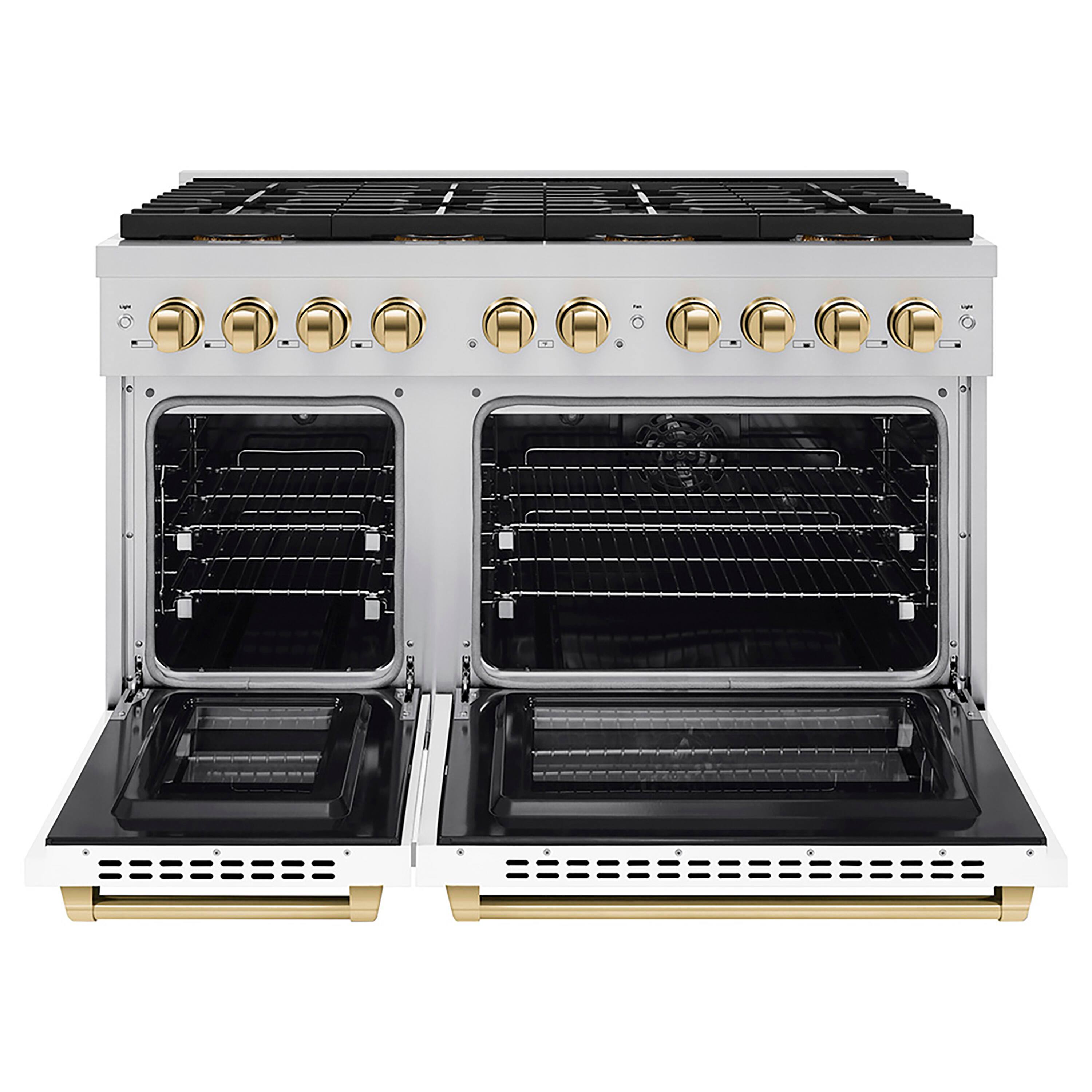 Angle. ZLINE - ZLINE Autograph 48 in. Paramount Dual Fuel Range w/ DuoPro Cooktop & White Doors w/ Gold Accents (PSDRZ-WM-48-G) - Stainless Steel with White Matte Door.