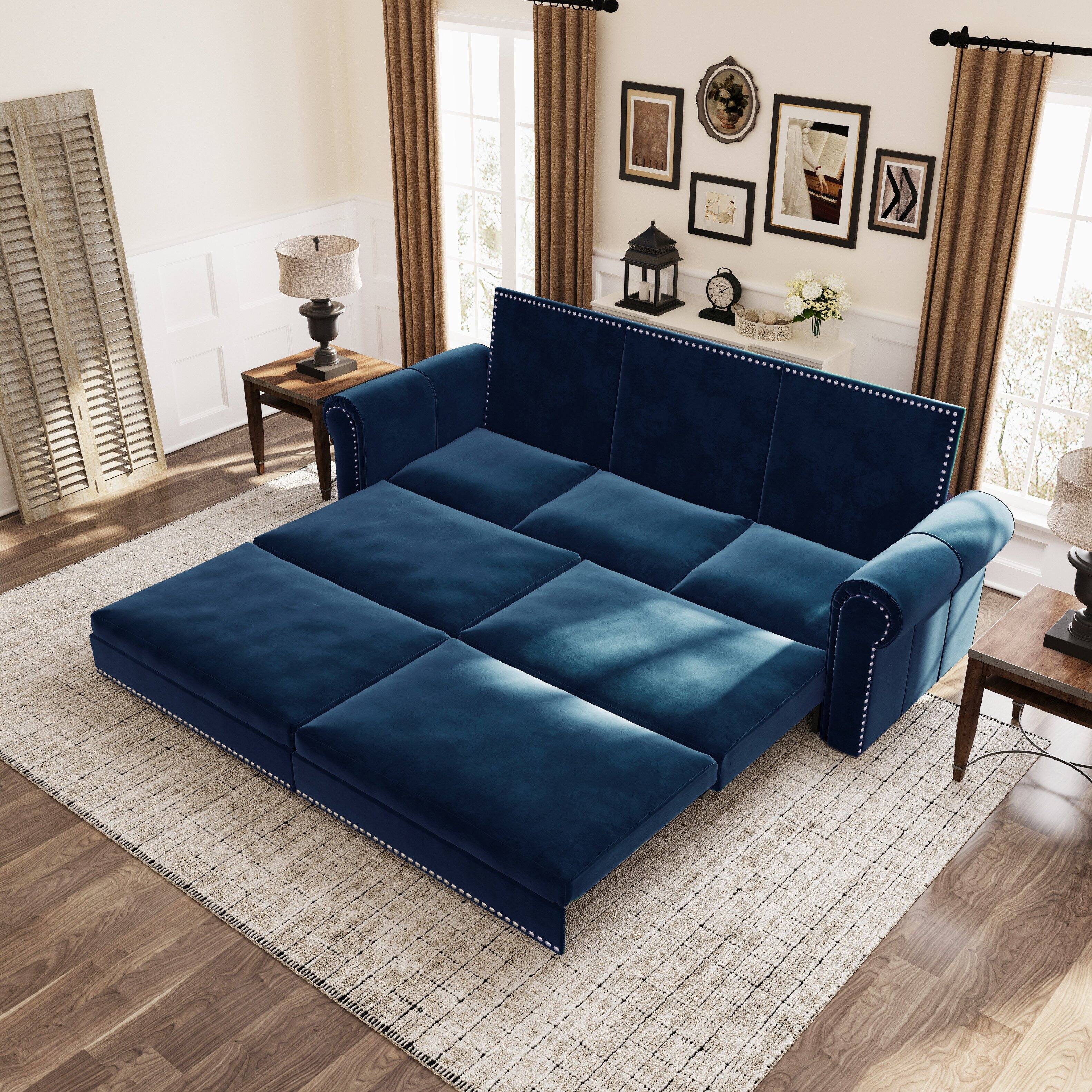 Left. Anysun - 93.7" 3-in-1 Velvet Convertible Sofa Bed - King Pull-Out Sleeper, Nailhead Trim & Rolled Arms for Living Room & Bedroom - Blue.