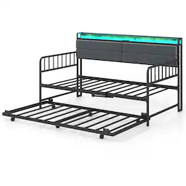 Costway - Daybed with Trundle LED Lights Charging Station Upholstered Storage Headboard - Rustic Brown & Black