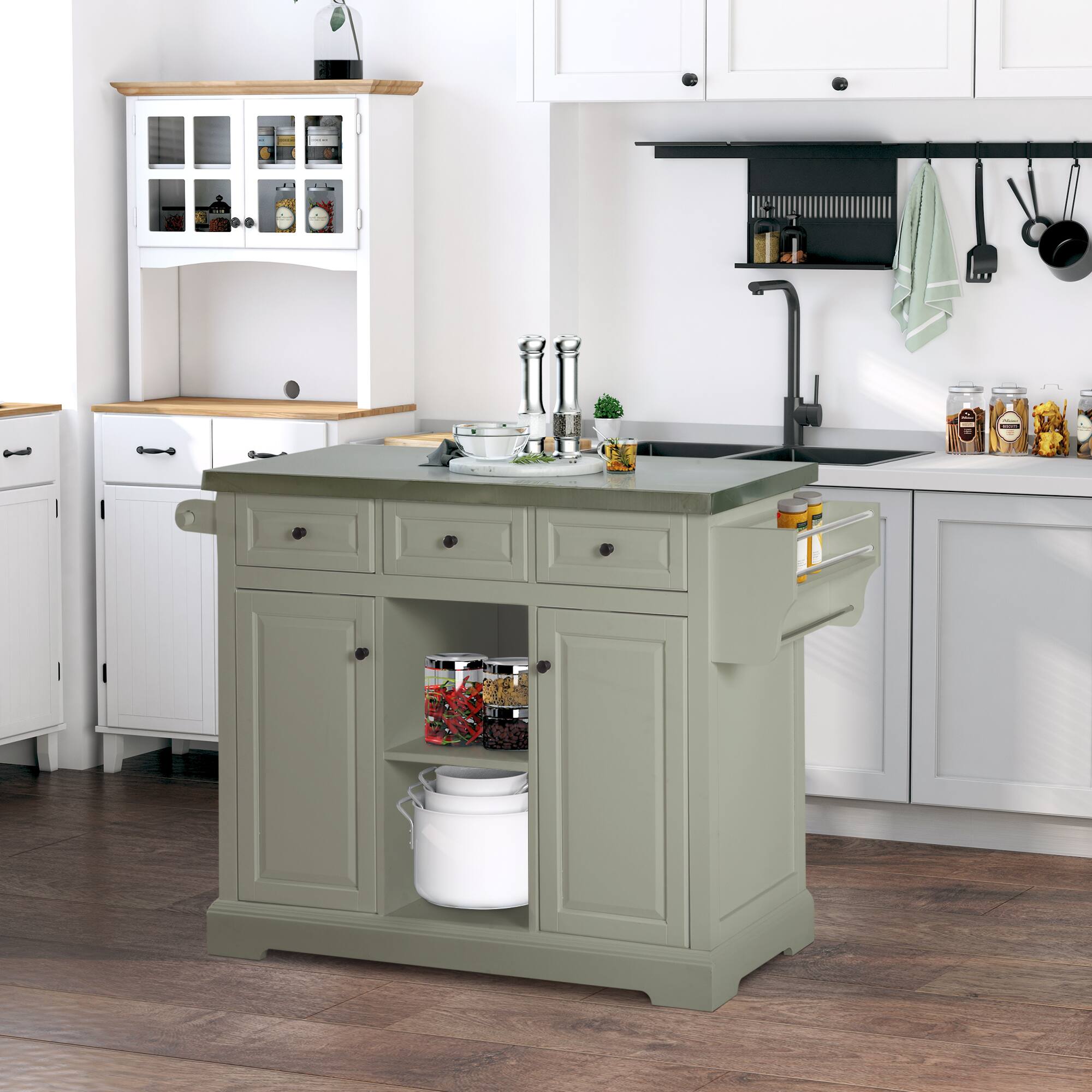Angle. Homcom - Rolling Kitchen Island with Storage, Kitchen Cart with Stainless Steel Top, Spice Rack & Drawer - Grey.