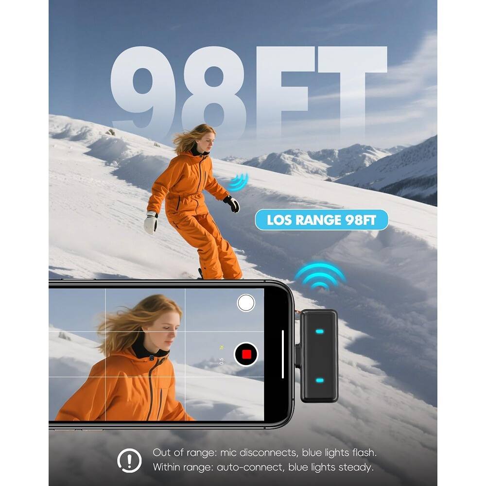 98FT LOS RANGE 98FT

Out of range: mic disconnects, blue lights flash.  
Within range: auto-connect, blue lights steady.