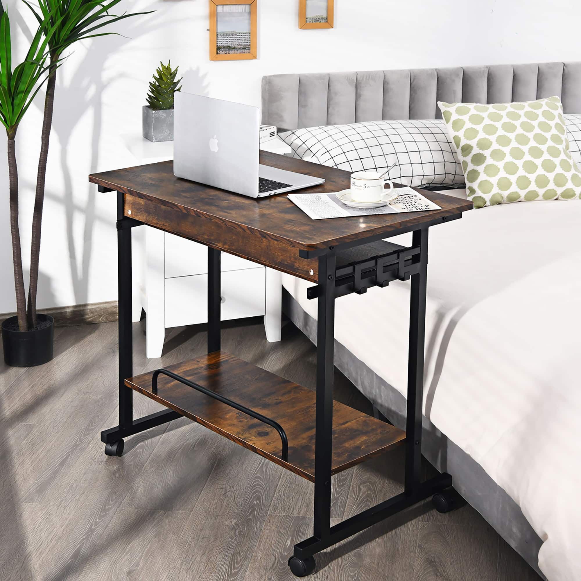 Alt View 11. Costway - Mobile Standing Computer Desk with Keyboard Tray - Rustic Brown.