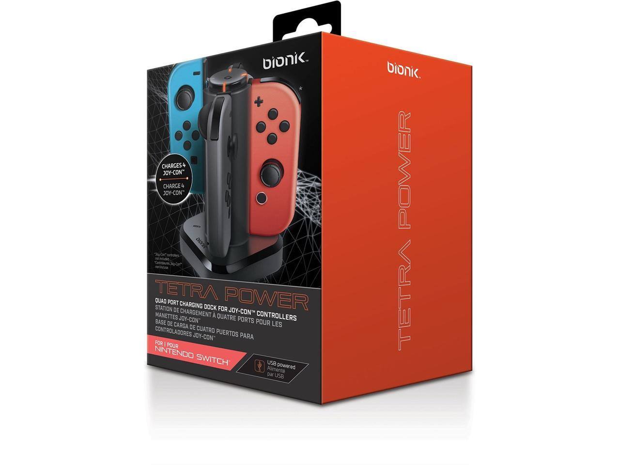 bionic.  
CHARGES 4 JOY-CON"  
CHARGE 4 JOY-CON"  
MAICO u-Car aatotes ndudec Cartow JiCon  
TETRA POWER  
QUAD PORT STATION CHARGING DOCK FOR DE CHARGEMENT JOY-CON MANETTES A QUATRE CONTROLLERS BASE DE JOY-CON" PORTS POUR CARGA DE LES CONTROLADORES CUATRO PUERTOS JOY-CON PARA  
FOR I POUR NINTENDO SWITCH  
USB powered Alimente ed par USB  

bionic.  
POWER TETRA  

TETRA POWER  
QUAD PORT CHARGING DOCK FOR JOY-CON™ CONTROLLERS  
QUAD PORTS POUR LES MANETTES JOY-CON™  
BASE DE CHARGE DE QUATRE PORTS POUR LES CONTROLADORES DE CUATRO PUERTOS PARA  
FOR I POUR NINTENDO SWITCH  
USB powered Alimente par USB