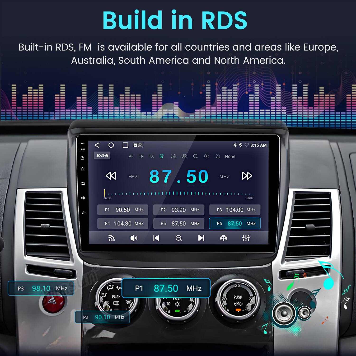 Build in RDS

Built-in RDS, FM is available for all countries and areas like Europe, Australia, South America and North America.