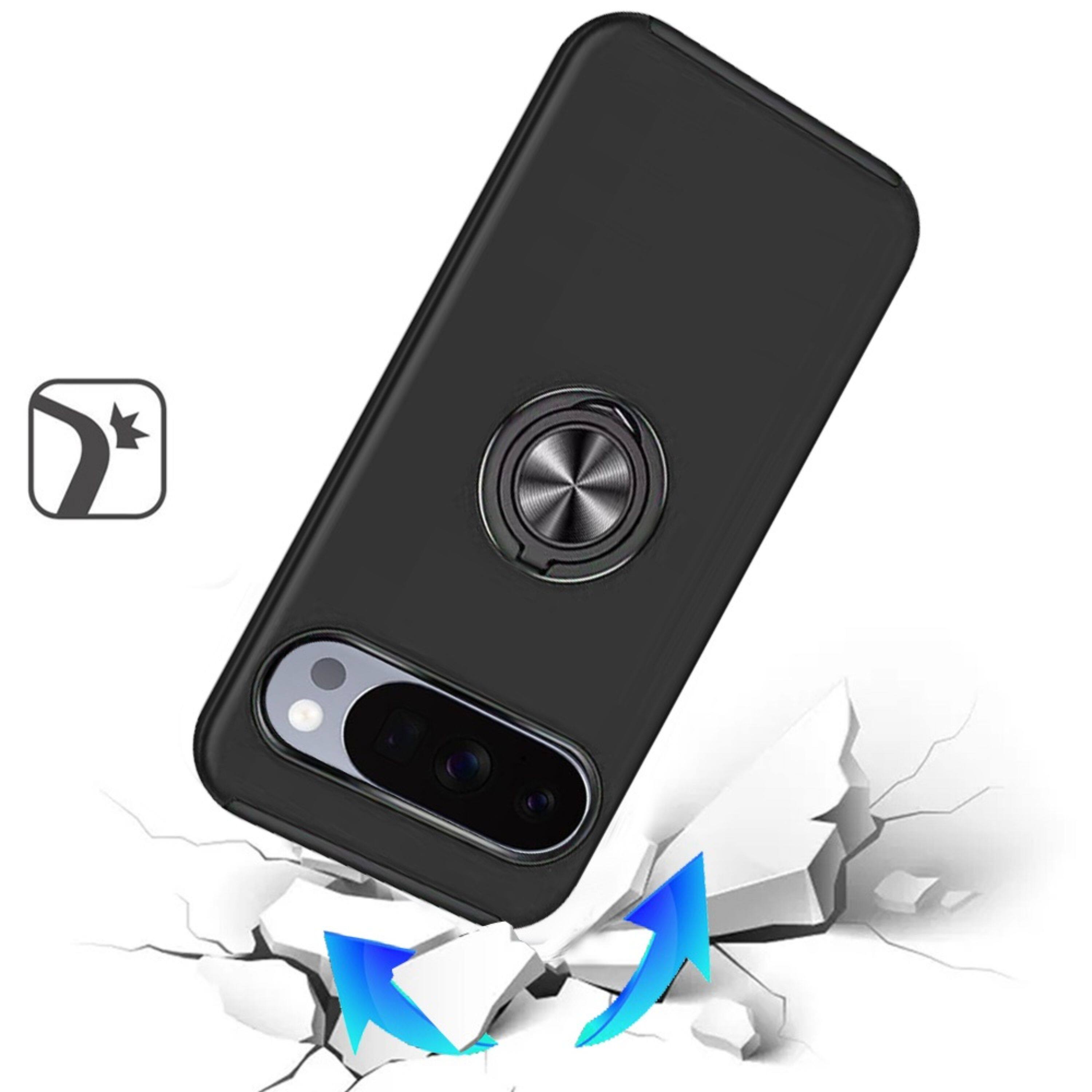 Angle. Kitcheniva - Rubber 2 Layer Metal Ringstand Case Plus Tempered Glass For Google Pixel 11 Pro Xl Black - Black.
