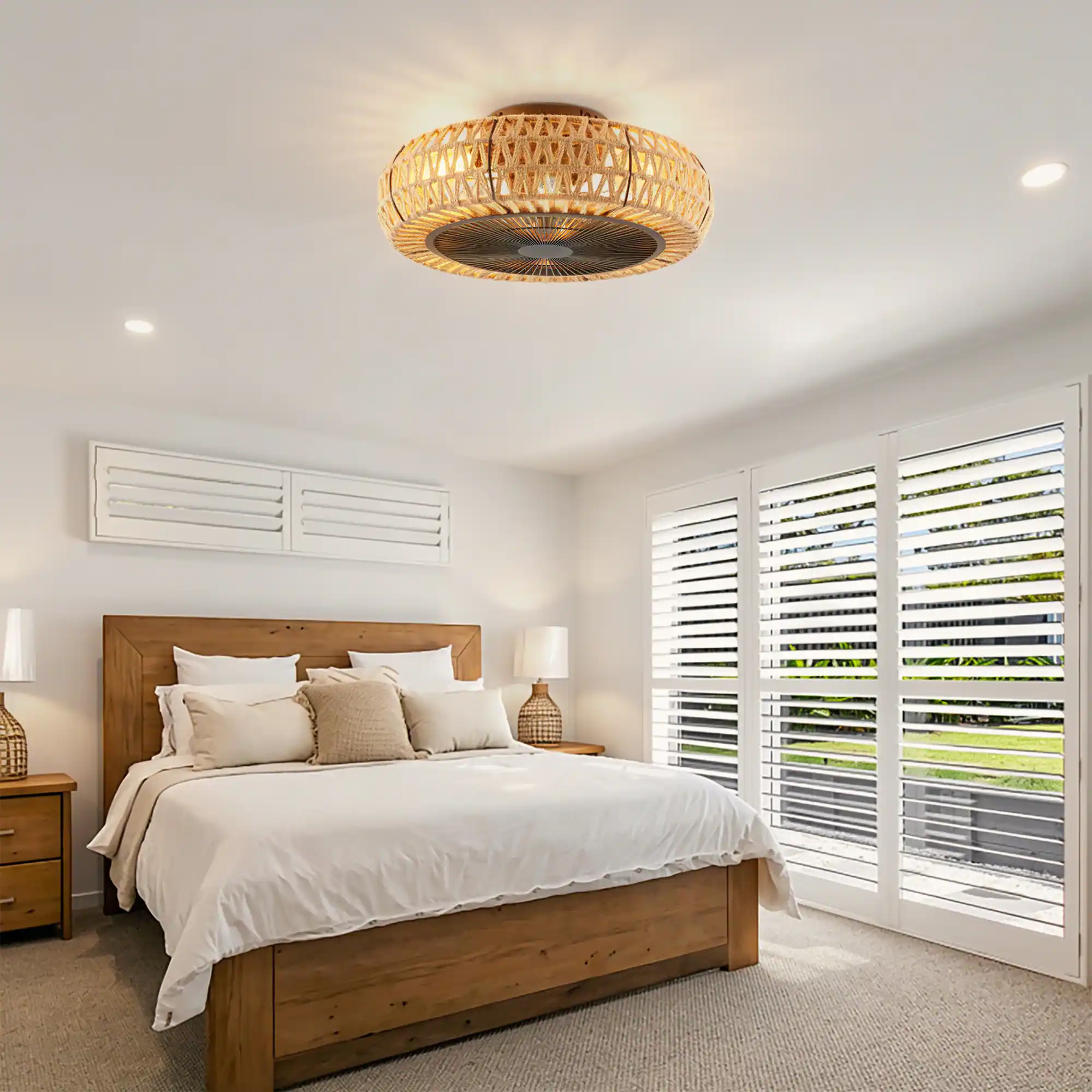Alt View 1. Loheer - Loheer 20 Inch Vintage Rope Ceiling Fan with Light and Remote 6 Speed Farmhouse Enclosed Fan for Bedroom.