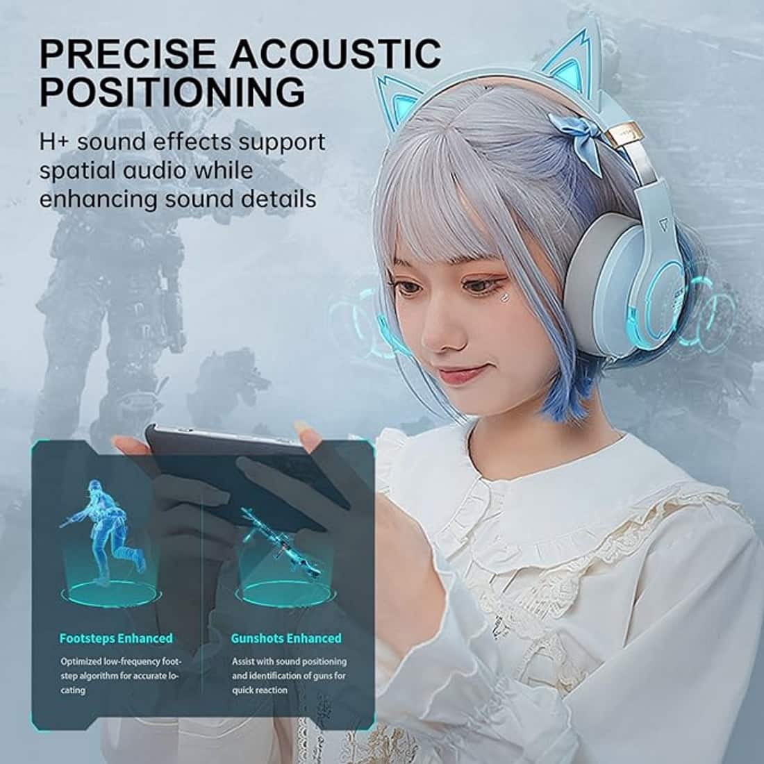 PRECISE ACOUSTIC POSITIONING: H+ sound effects support spatial audio while enhancing sound details. Footsteps are enhanced with an optimized low-frequency footstep algorithm for accurate locating. Gunshots are also enhanced, assisting with sound positioning and identification of guns for quick reaction.