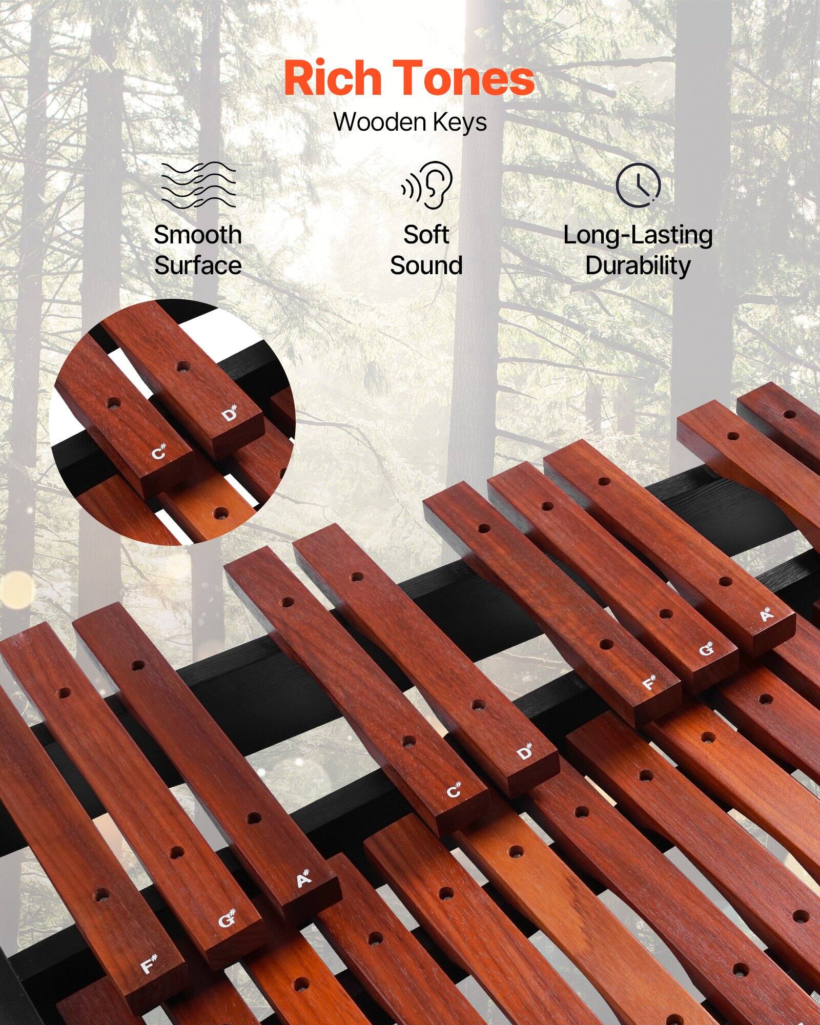 Rich Tones  
Wooden Keys  
Smooth Surface  
Soft Sound  
Long-Lasting Durability  

C* D* F* G A C' D* F* G A