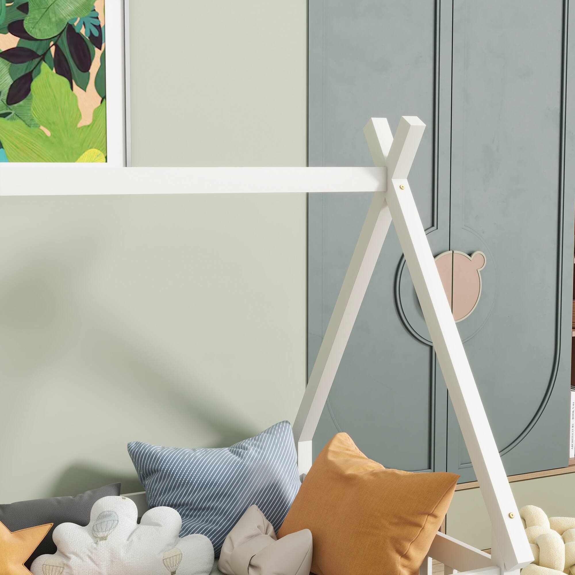 Alt View 7. GOODSILO - Twin-Size Tent-Shaped Low Profile Floor Bed with Safety Guardrails and Slatted Base - White.