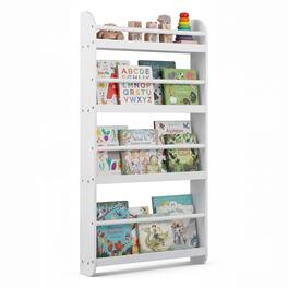 Costway - Kids Bookshelf, 4-Tier Wall Mounted Book Shelf for Toys, Books, Hanging Bookcase - White