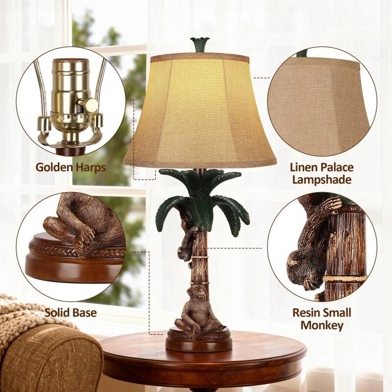Golden Harps  
Linen Palace Lampshade  
Solid Base  
Resin Small Monkey