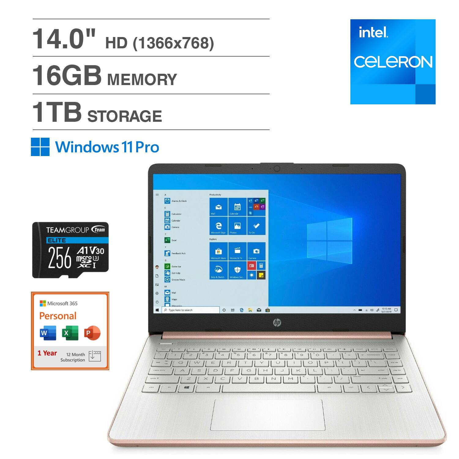 HP - Upgraded - 14 Laptop 14.0 HD Display (Celeron N4500, 16GB, 1TB SSD, Win 11 Pro) w/Office 365 , 256GB microSDXC Card - Pale Rose Gold Natural Silver