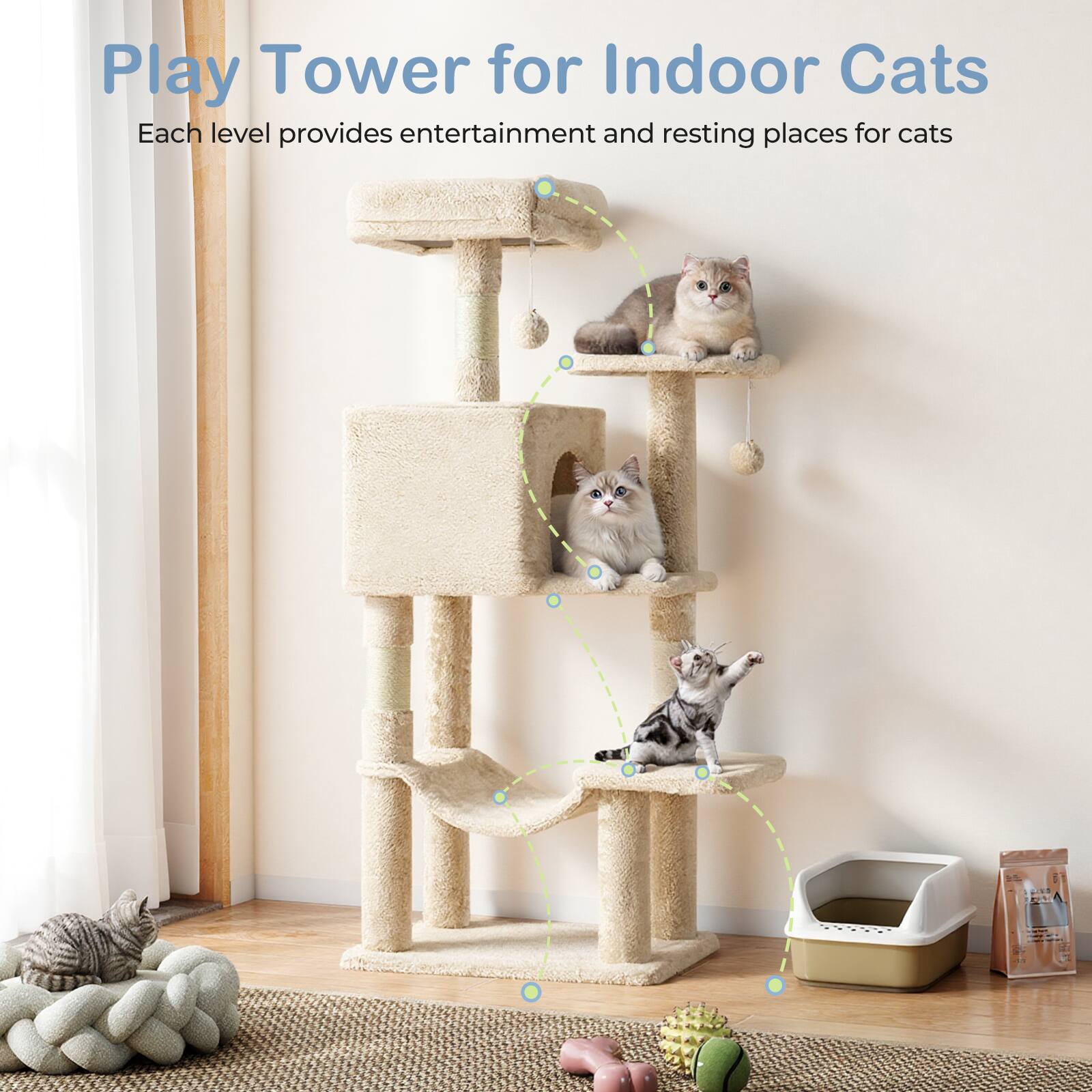 Play Tower for Indoor Cats  
Each level provides entertainment and resting places for cats