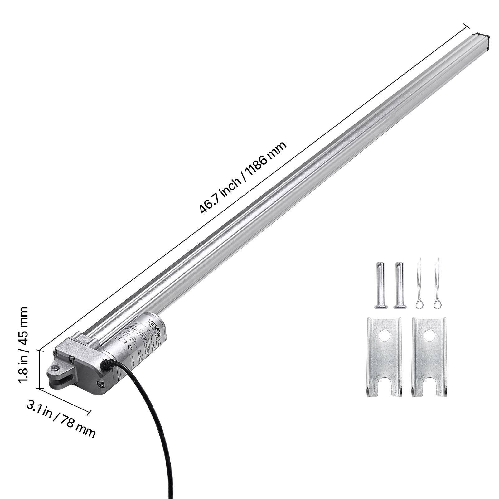 46.7 inch / 1186 mm  
1.8 in / 45 mm  
3.1 in / 78 mm