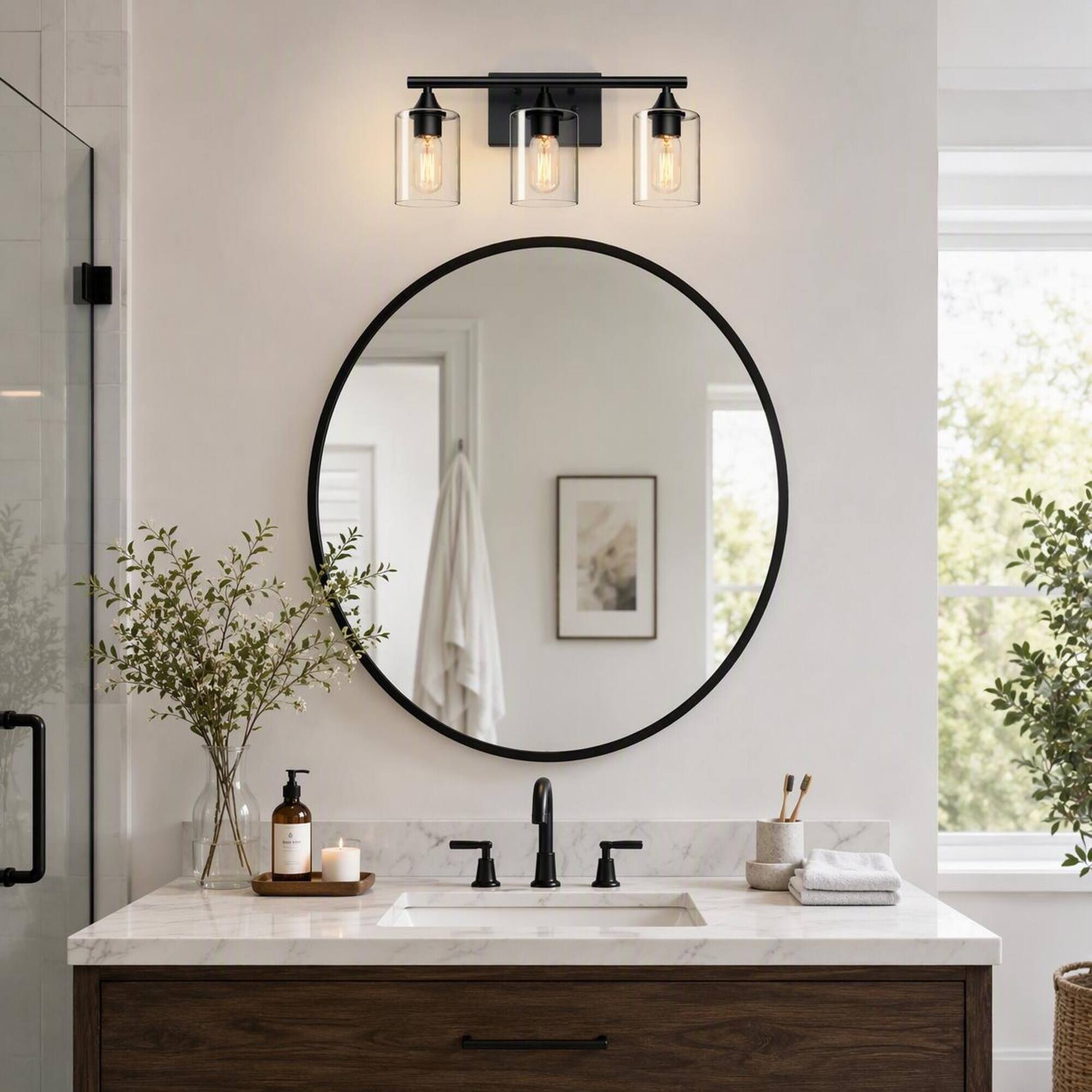 Angle. RYHNUYNE - 3-Light Matte Black Bathroom Vanity Light with Clear Glass Shades, Damp-Proof Iron Wall Sconce for Mirror, Farmhouse.