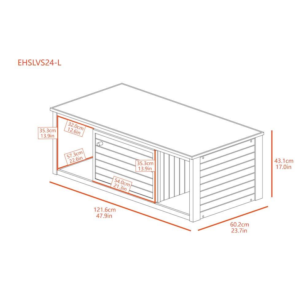 EHSLVS24-L  
35.3cm 13.9in  
32.0cm 12.6in  
57.3cm 22.6in  
54.0cm 21.3in  
43.1cm 17.0in  
121.6cm 47.9in  
60.2cm 23.7in