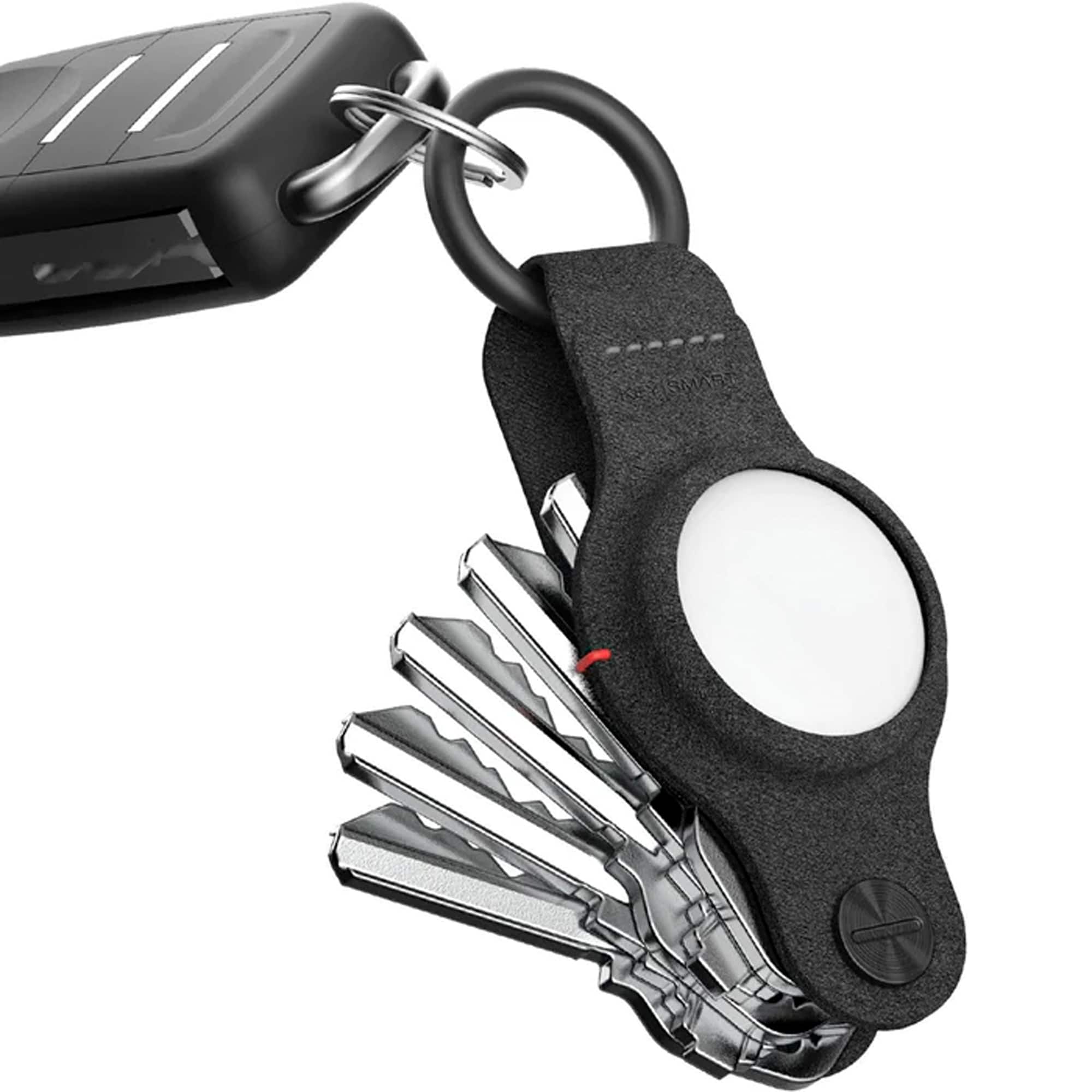 Left. KeySmart - Air Compact Key Tracker and Holder For AirTag - Vegan Leather Black.
