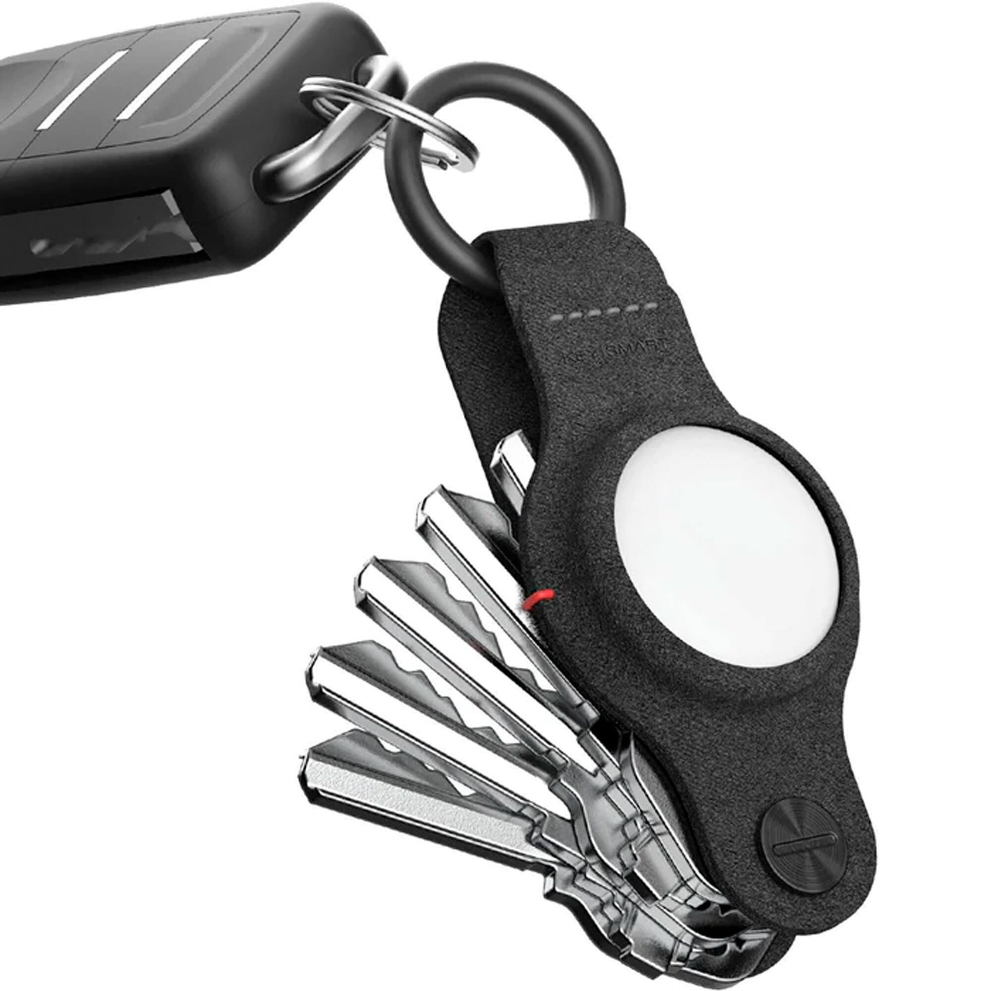 Left. KeySmart - Air Compact Key Tracker and Holder For AirTag - Vegan Leather Black.