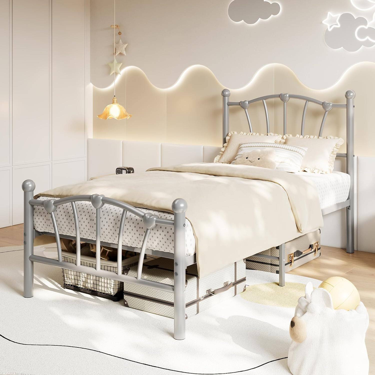Front. Homhougo - Twin Size Metal Bed Frame, Twin Bed Frames for Girls Boys, Twin Platform Bed with Heart-Shaped Design - Grey.